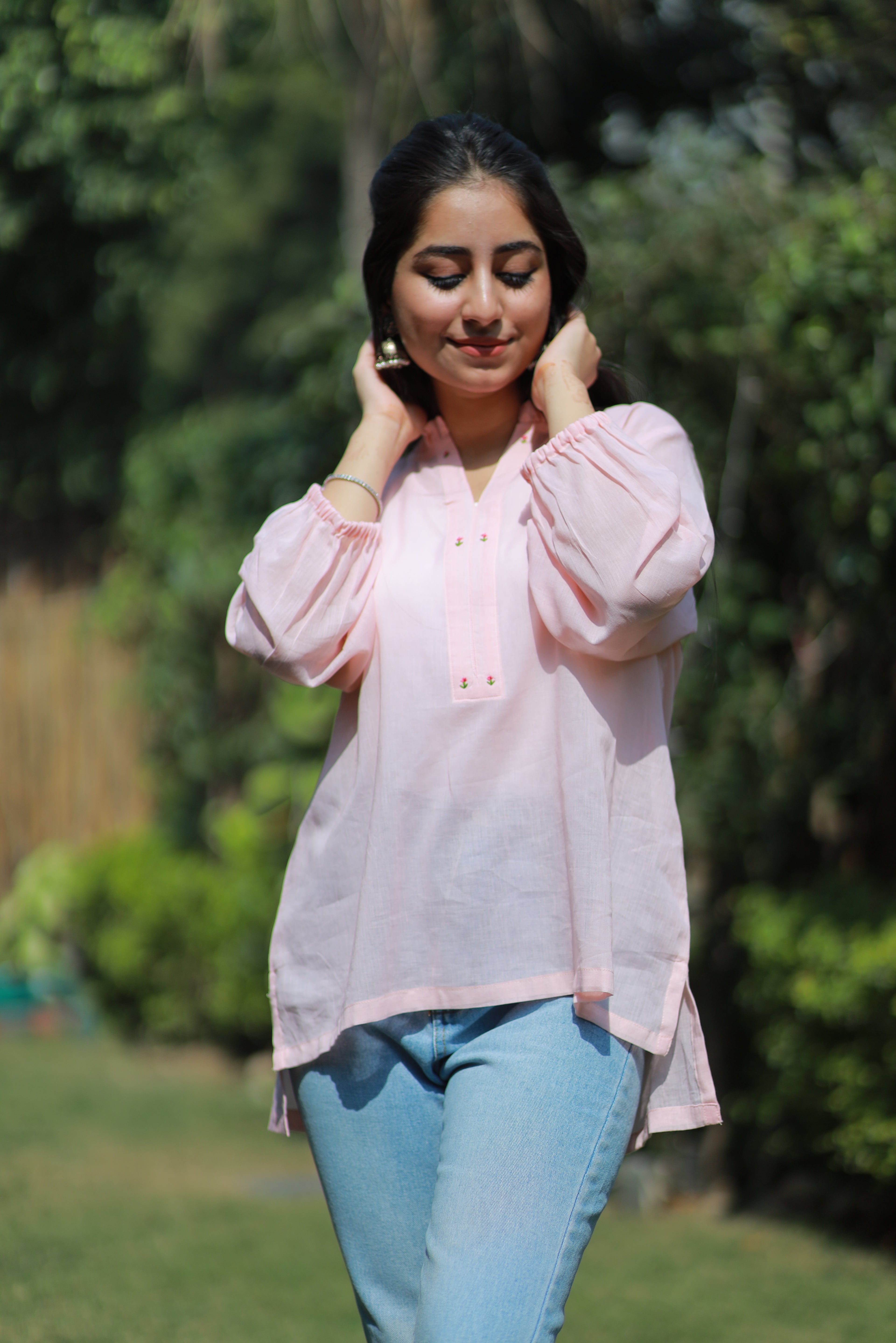 Light Pink Pure Mulmul Shirt with Hand-Embroidered Neckline