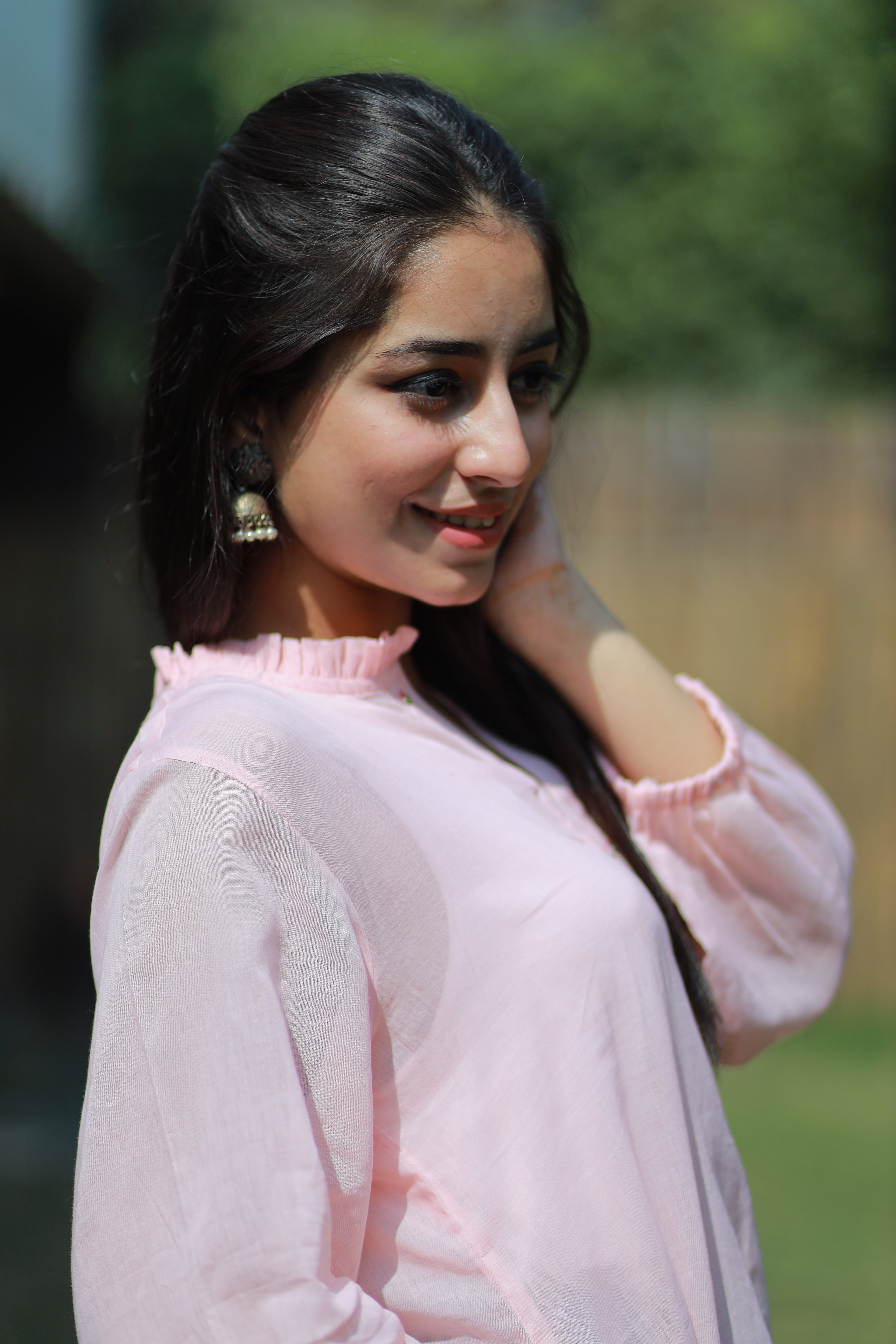 Light Pink Pure Mulmul Shirt with Hand-Embroidered Neckline