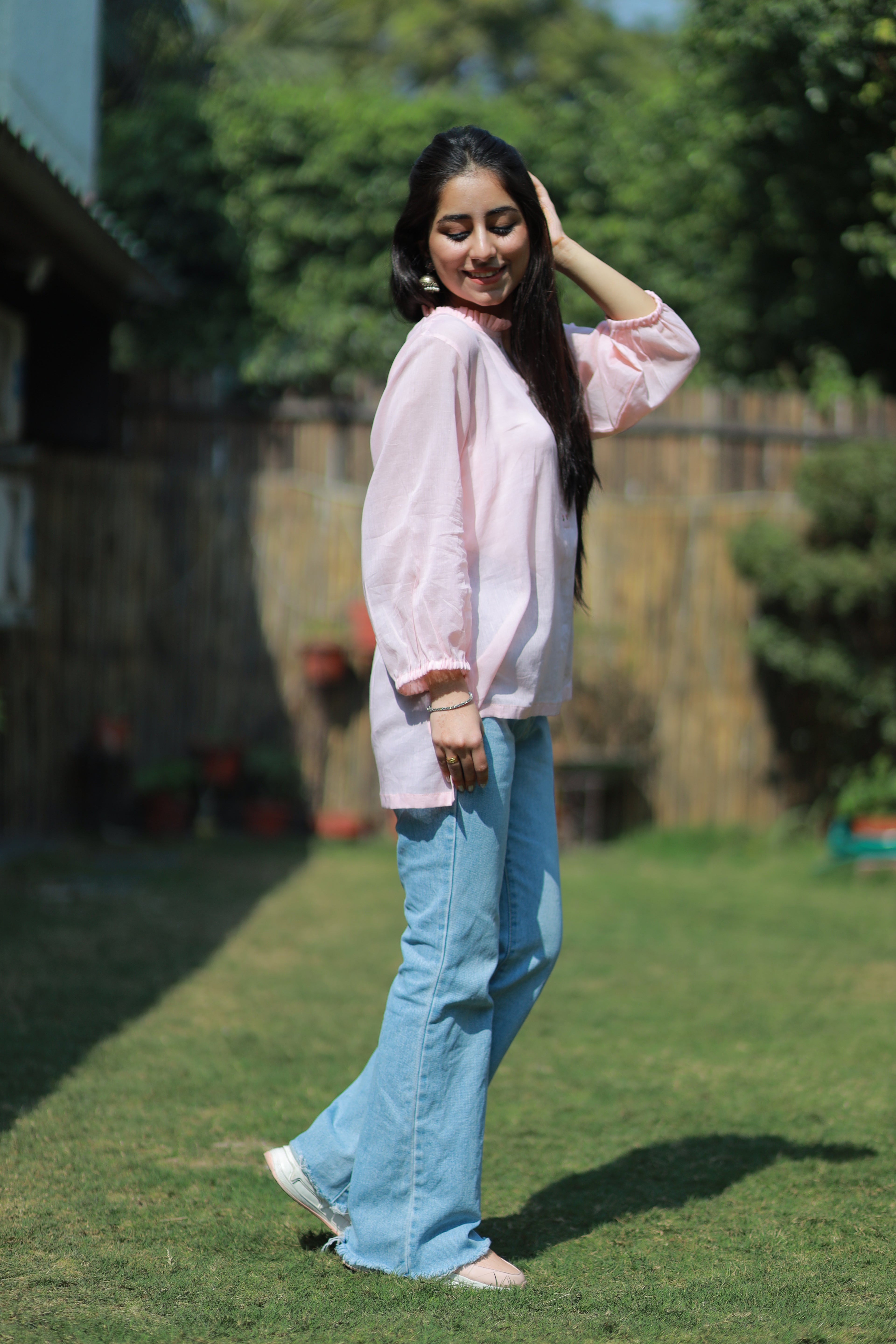 Light Pink Pure Mulmul Shirt with Hand-Embroidered Neckline