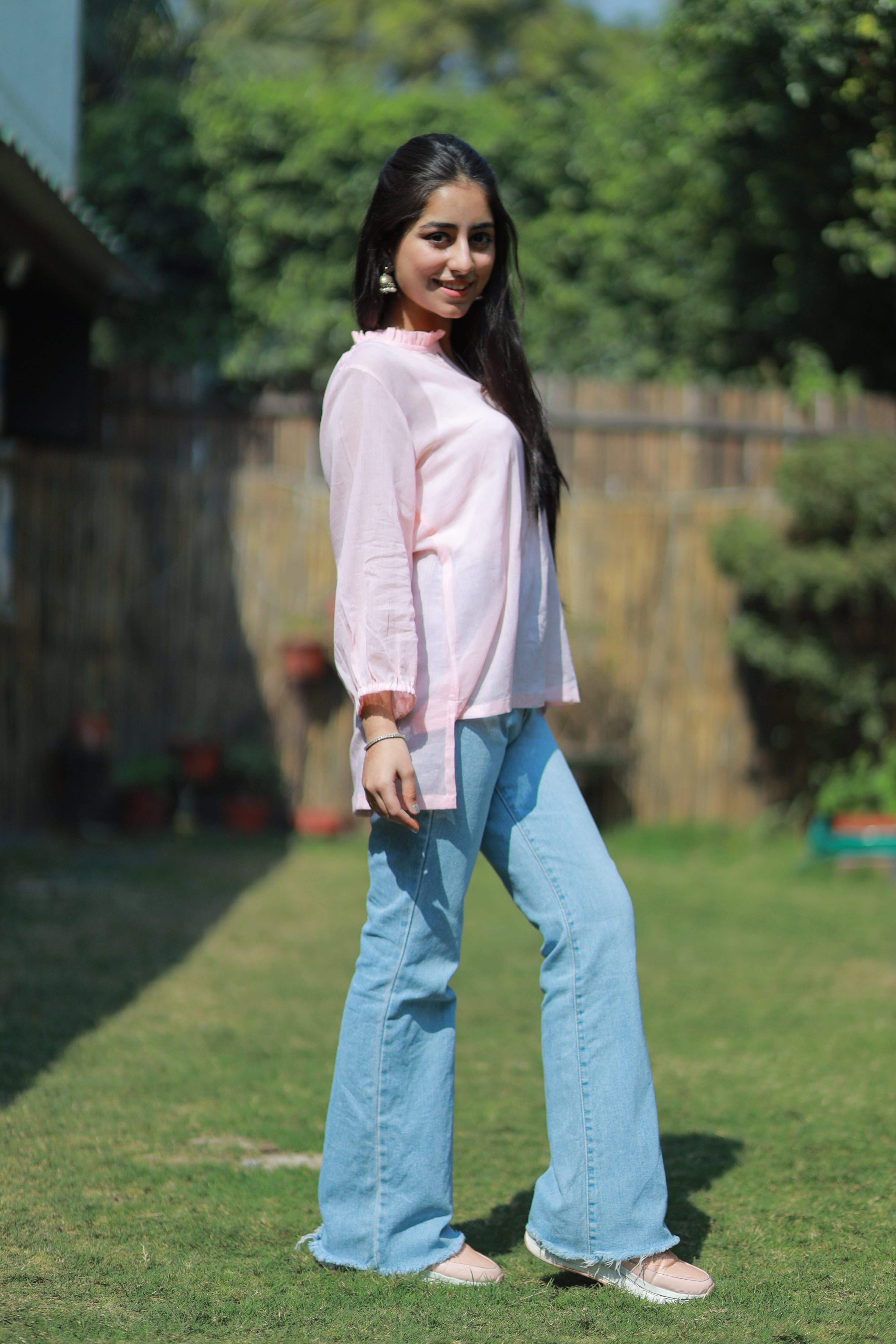 Light Pink Pure Mulmul Shirt with Hand-Embroidered Neckline