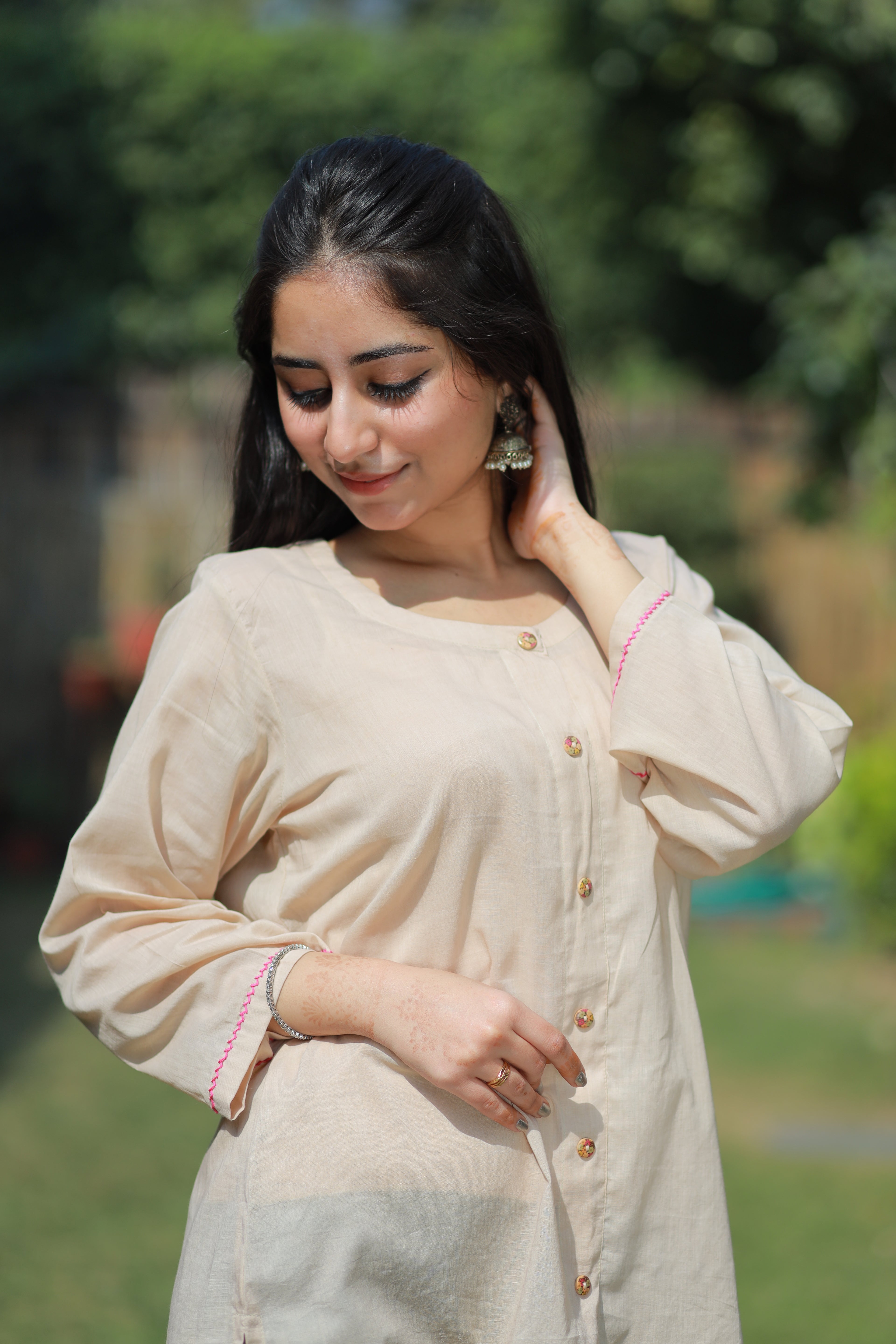 Light Brown Pure Mulmul Shirt with Hand-Embroidered Neckline