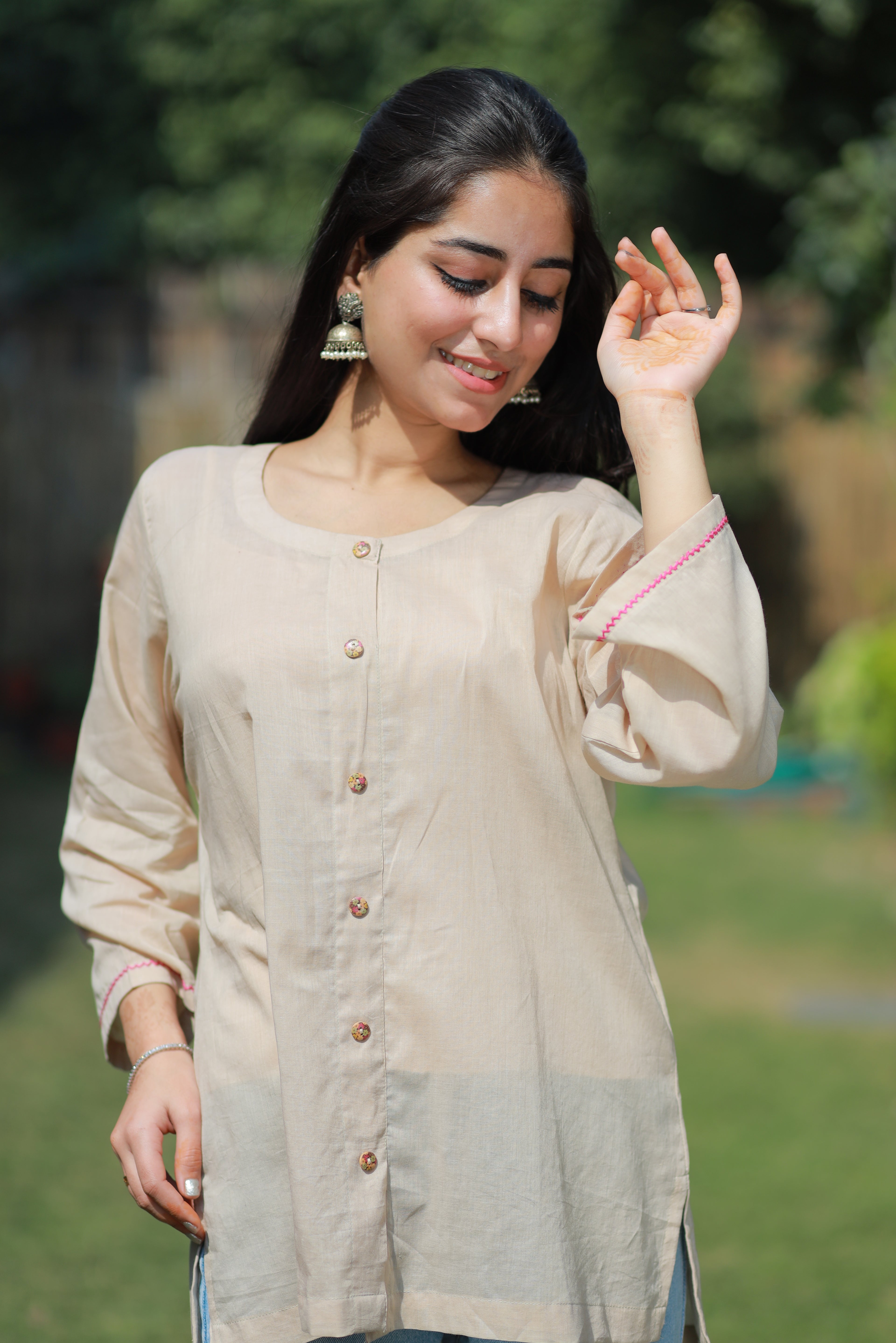 Light Brown Pure Mulmul Shirt with Hand-Embroidered Neckline