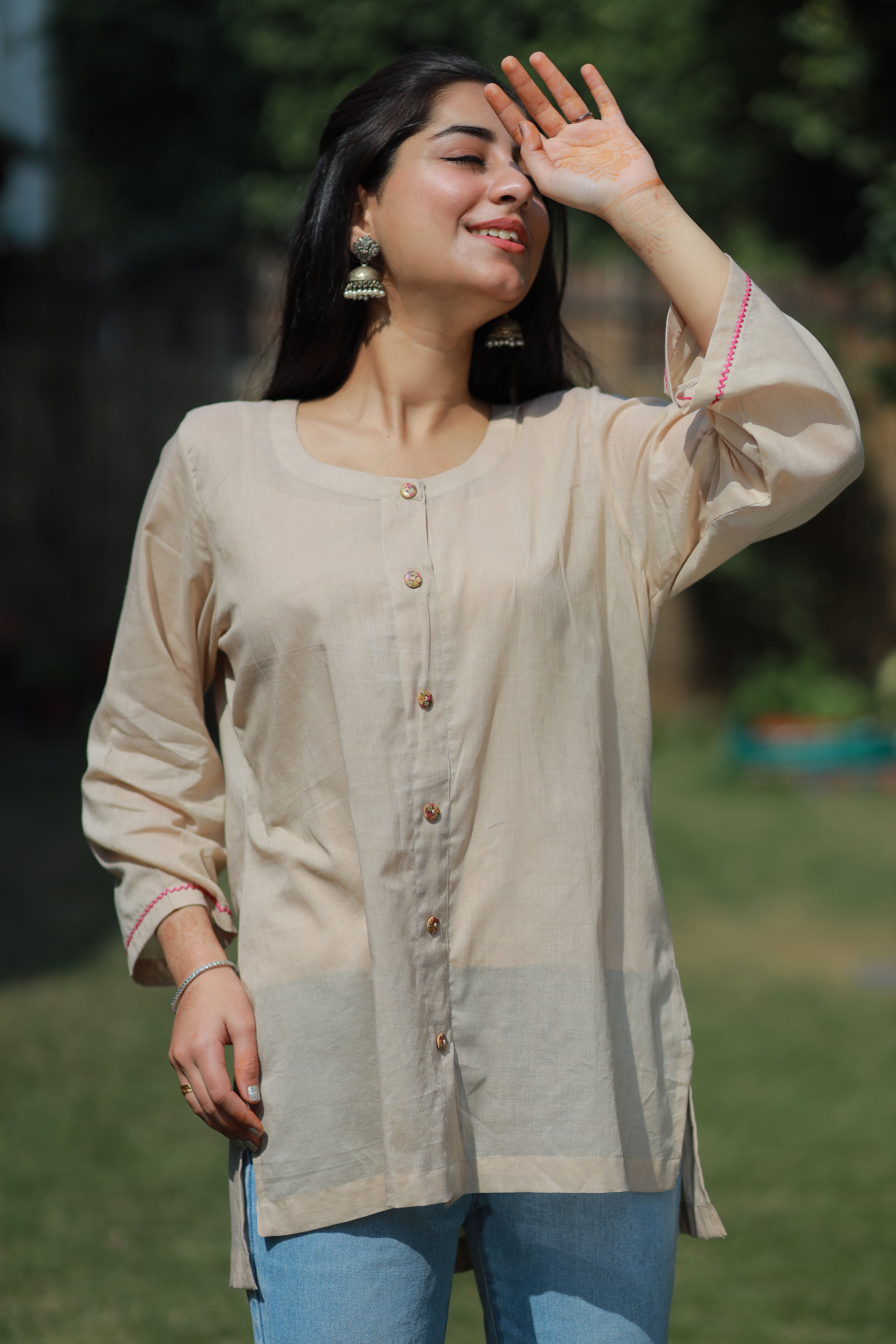 Light Brown Pure Mulmul Shirt with Hand-Embroidered Neckline