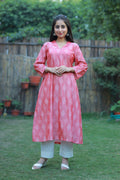 Pink Ikkat A-Line Cotton Hand Block Printed Kurta