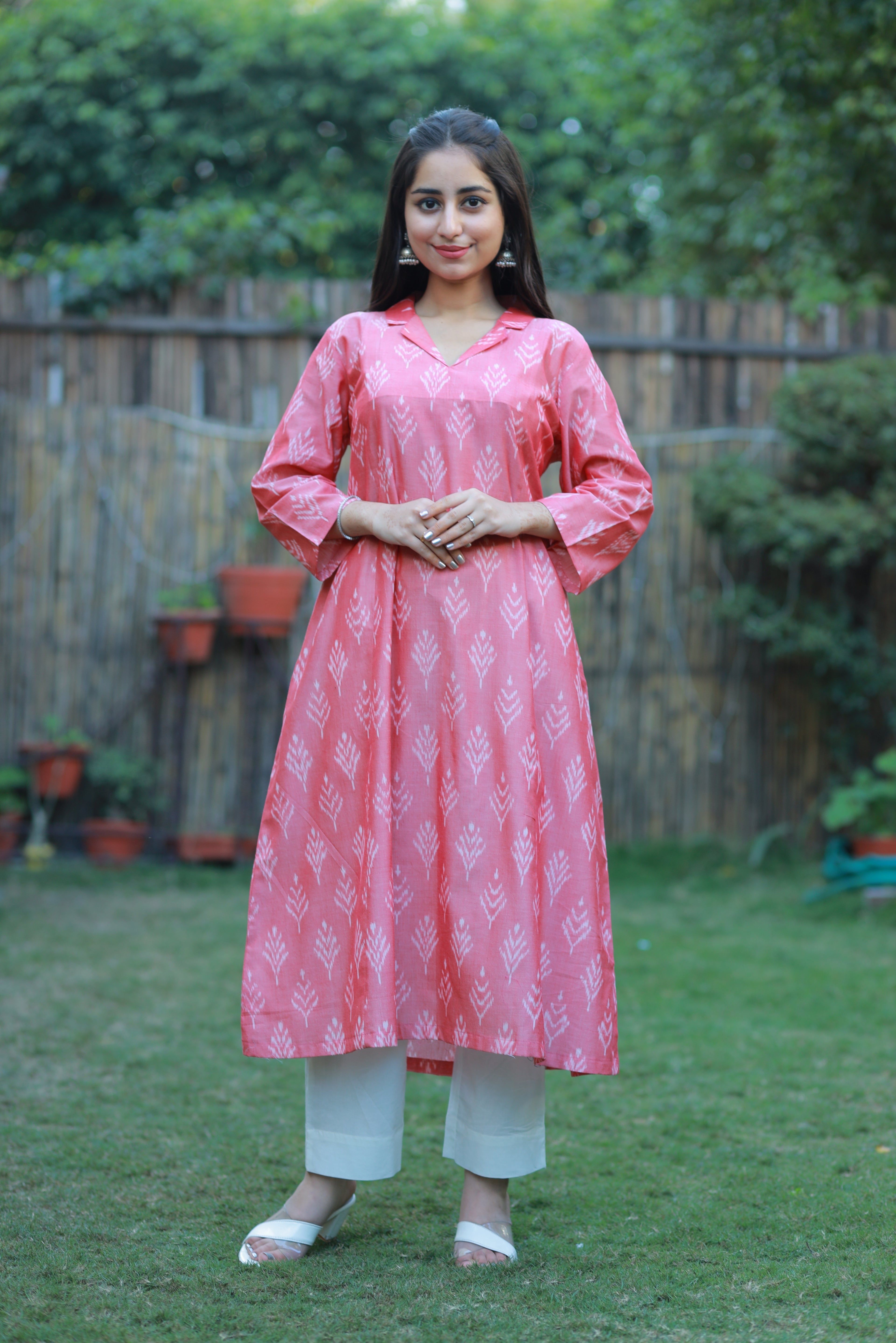 Pink Ikkat A-Line Cotton Hand Block Printed Kurta