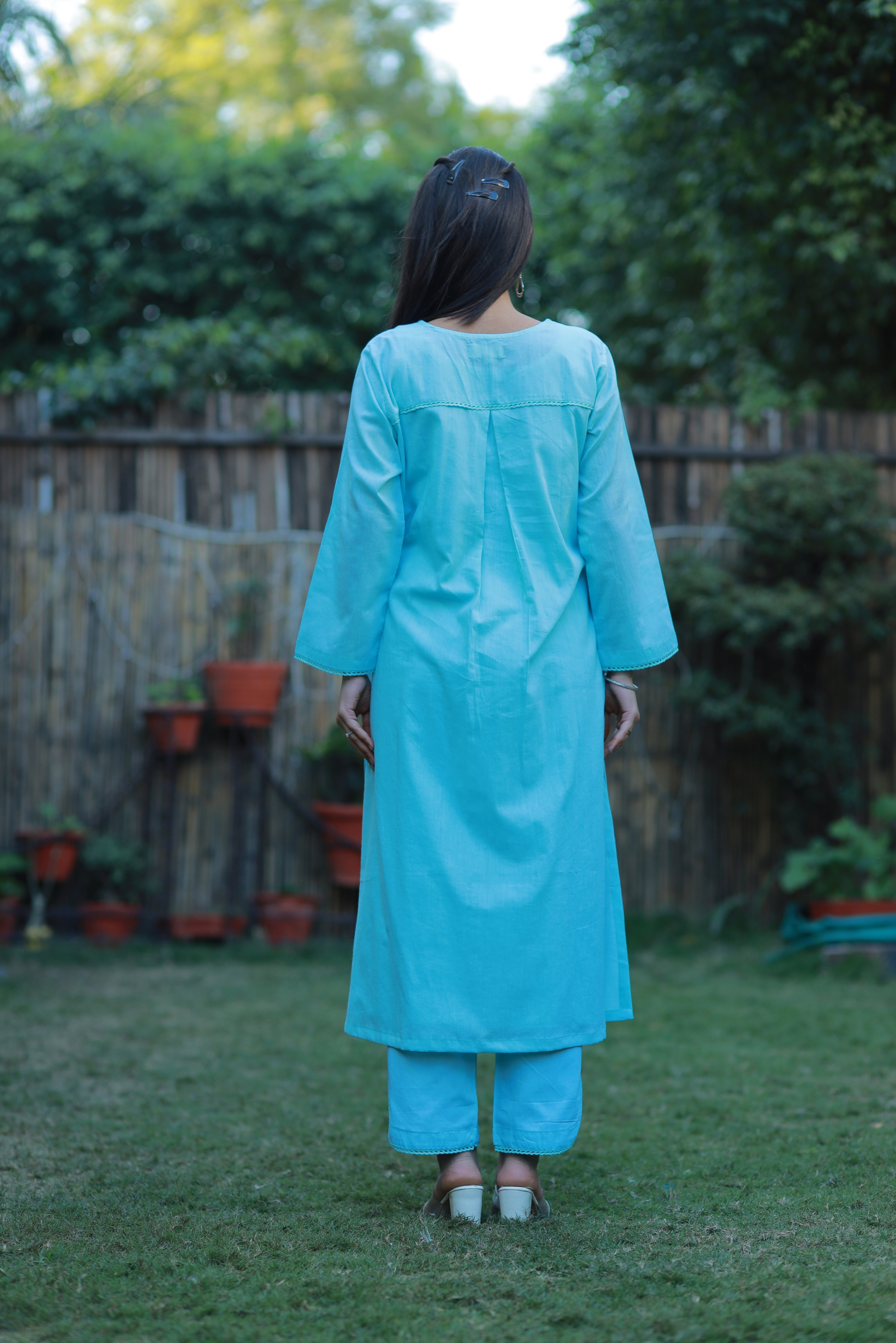 Blue Pure Mulmul Kurta Set with Lace Detailing, Slip & Pant
