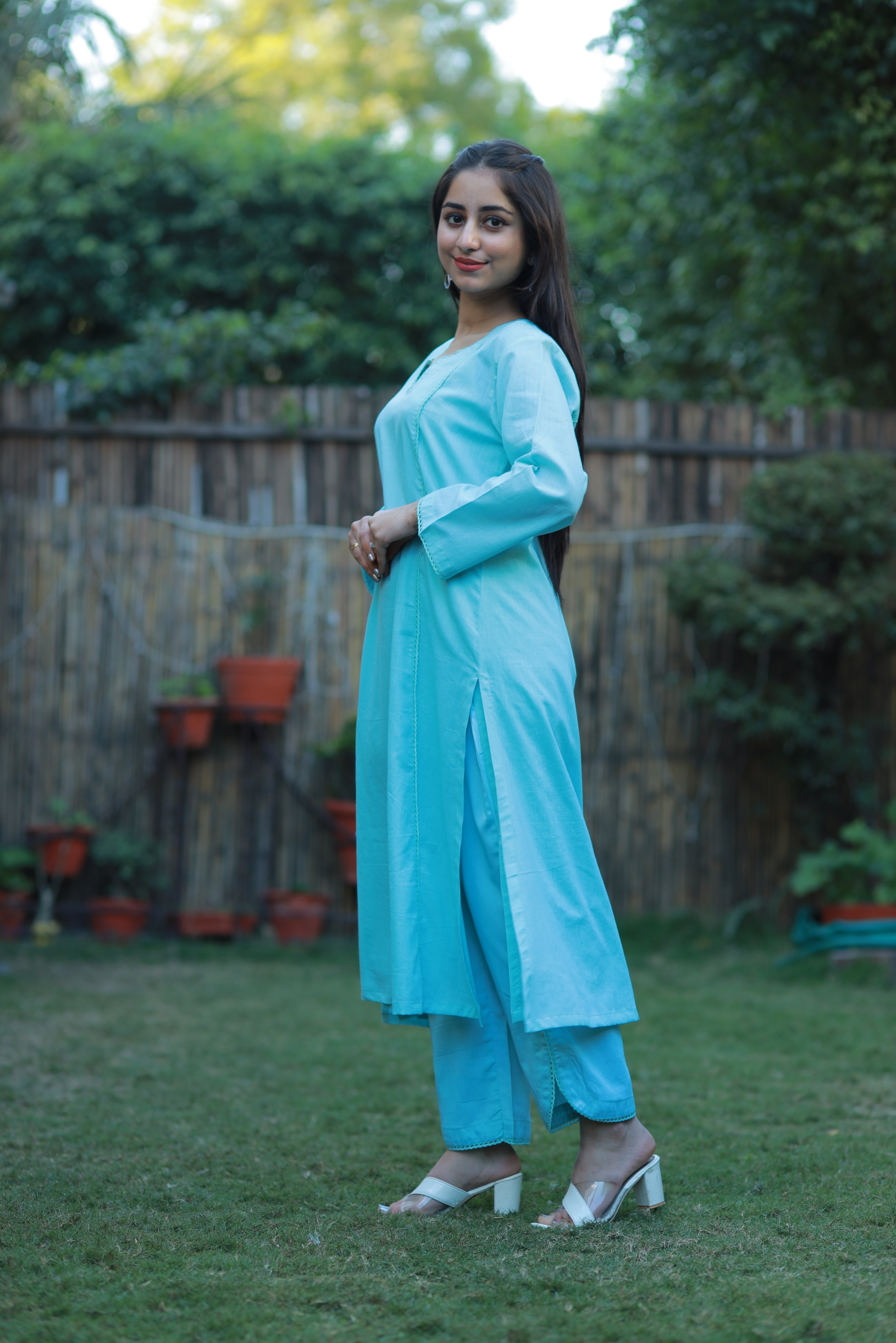Blue Pure Mulmul Kurta Set with Lace Detailing, Slip & Pant