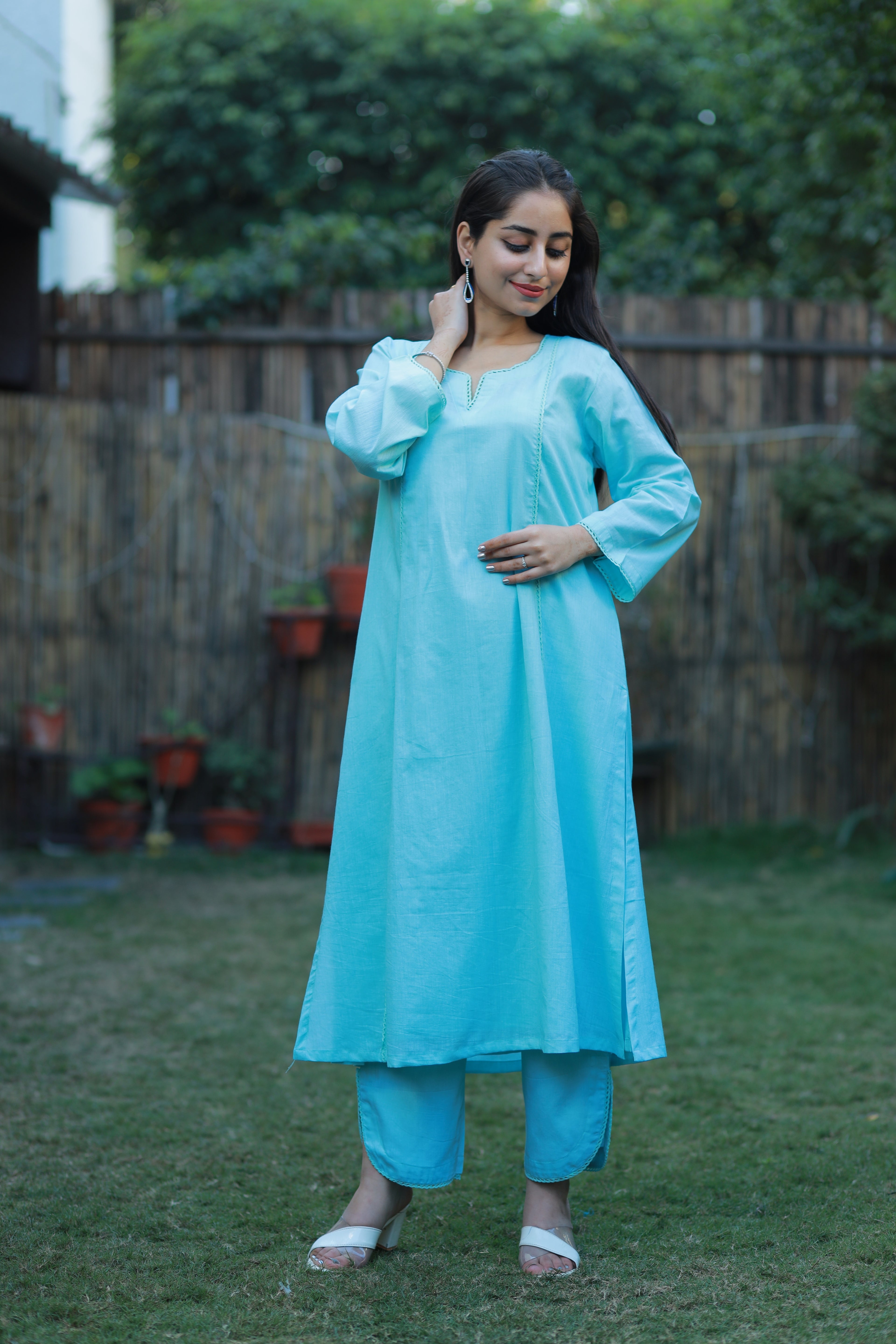 Blue Pure Mulmul Kurta Set with Lace Detailing, Slip & Pant