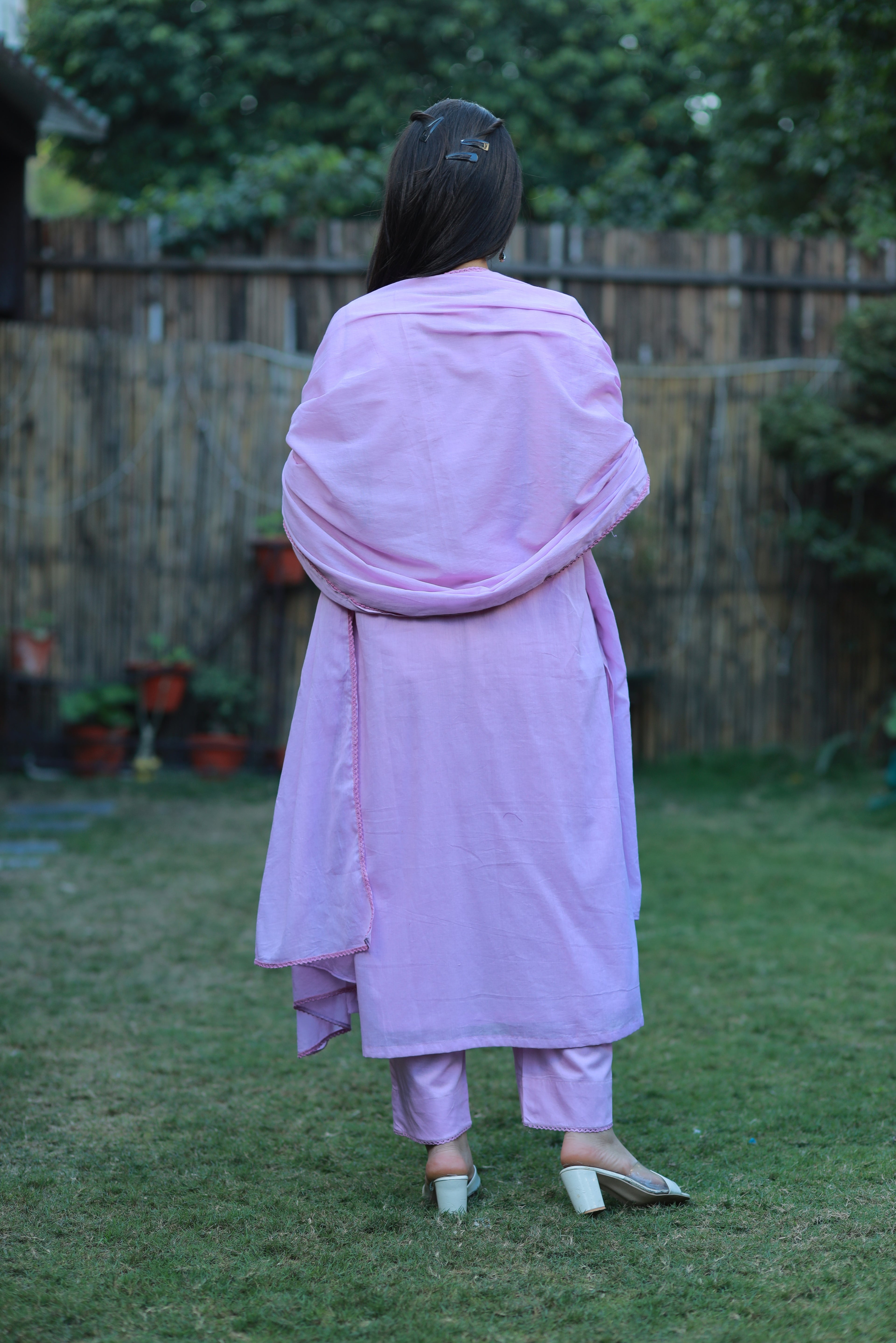 Lavender Mulmul 4-Piece Set with Sequence Work & Kota Doria Dupatta