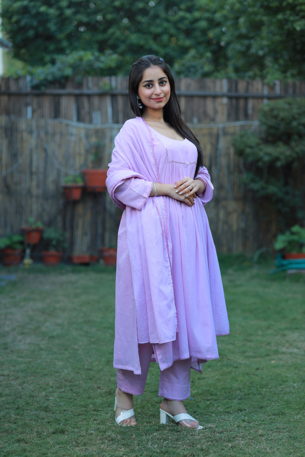 Lavender Mulmul 4-Piece Set with Sequence Work & Kota Doria Dupatta
