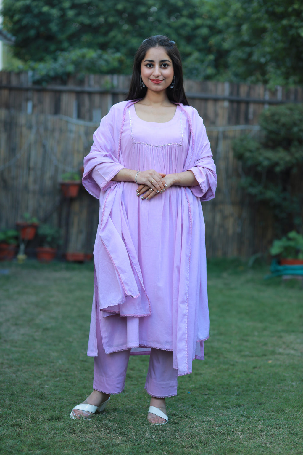 Lavender Mulmul 4-Piece Set with Sequence Work & Kota Doria Dupatta