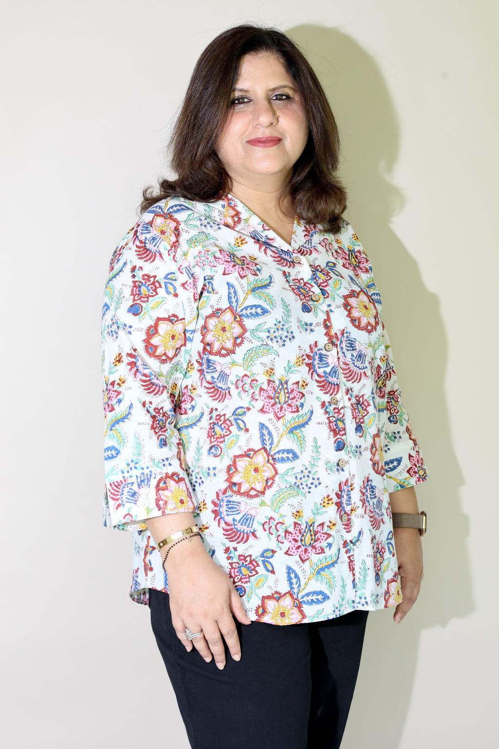 White Jaipuri Hand Block Printed Floral Cotton Shirt