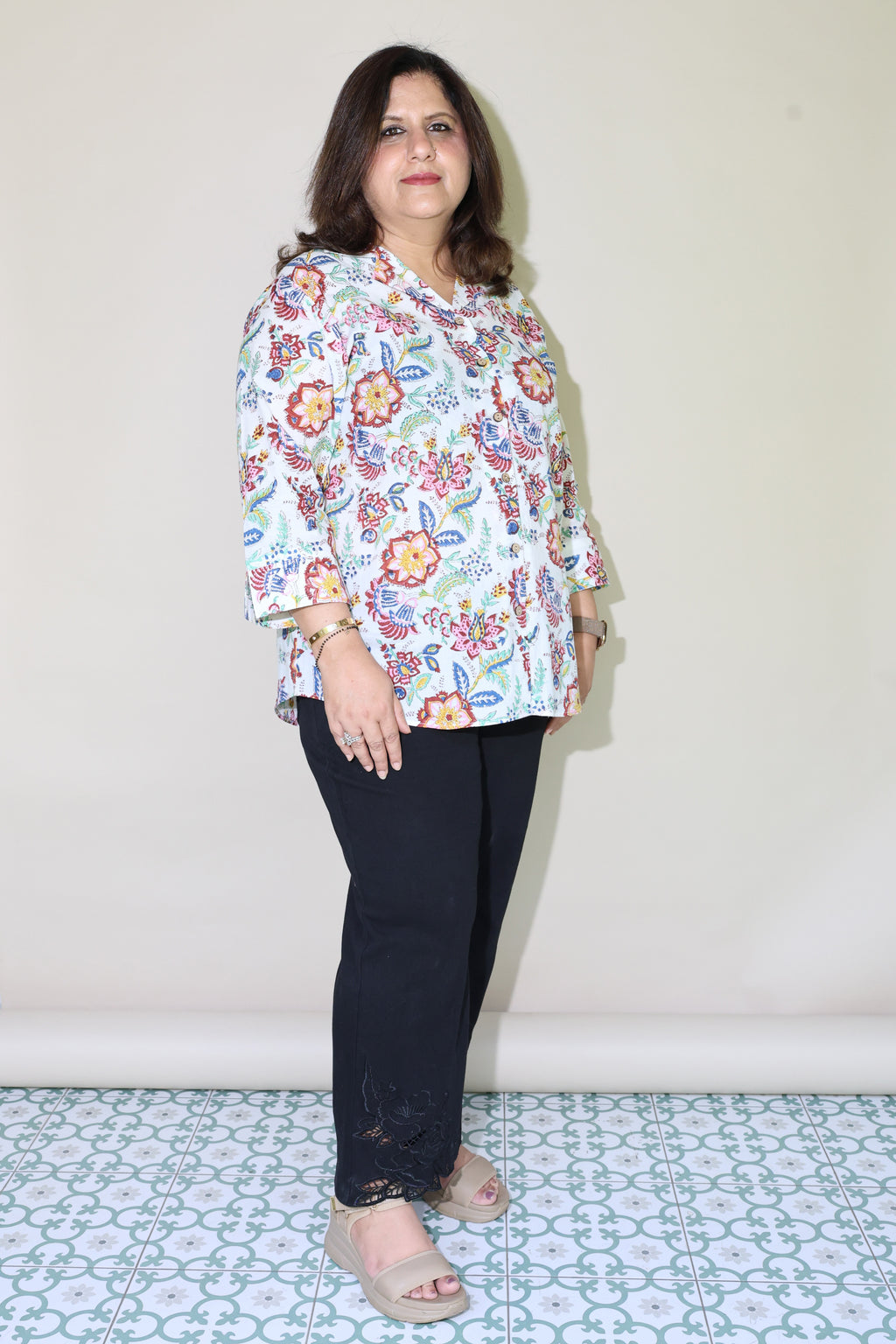 White Jaipuri Hand Block Printed Floral Cotton Shirt