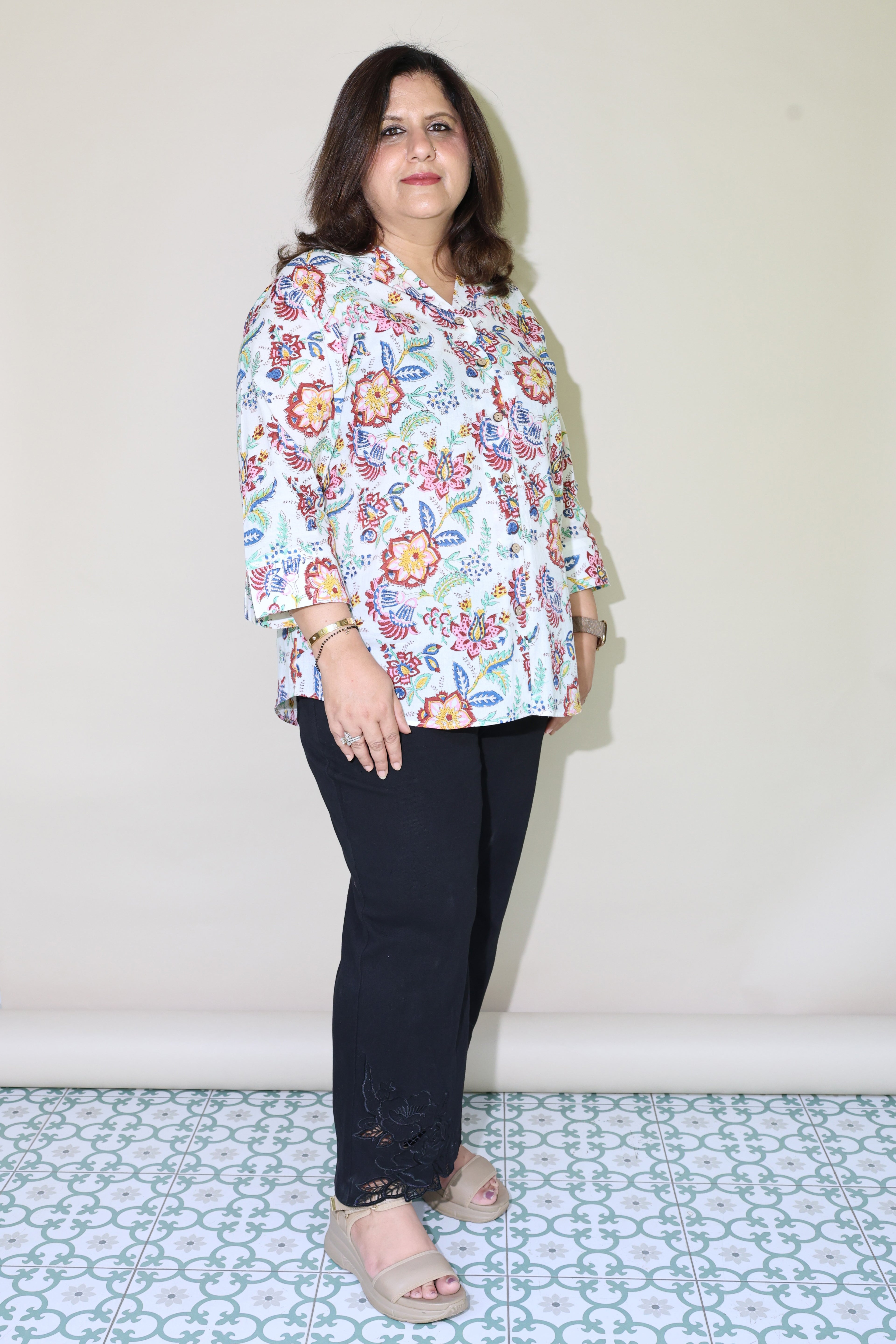 White Jaipuri Hand Block Printed Floral Cotton Shirt