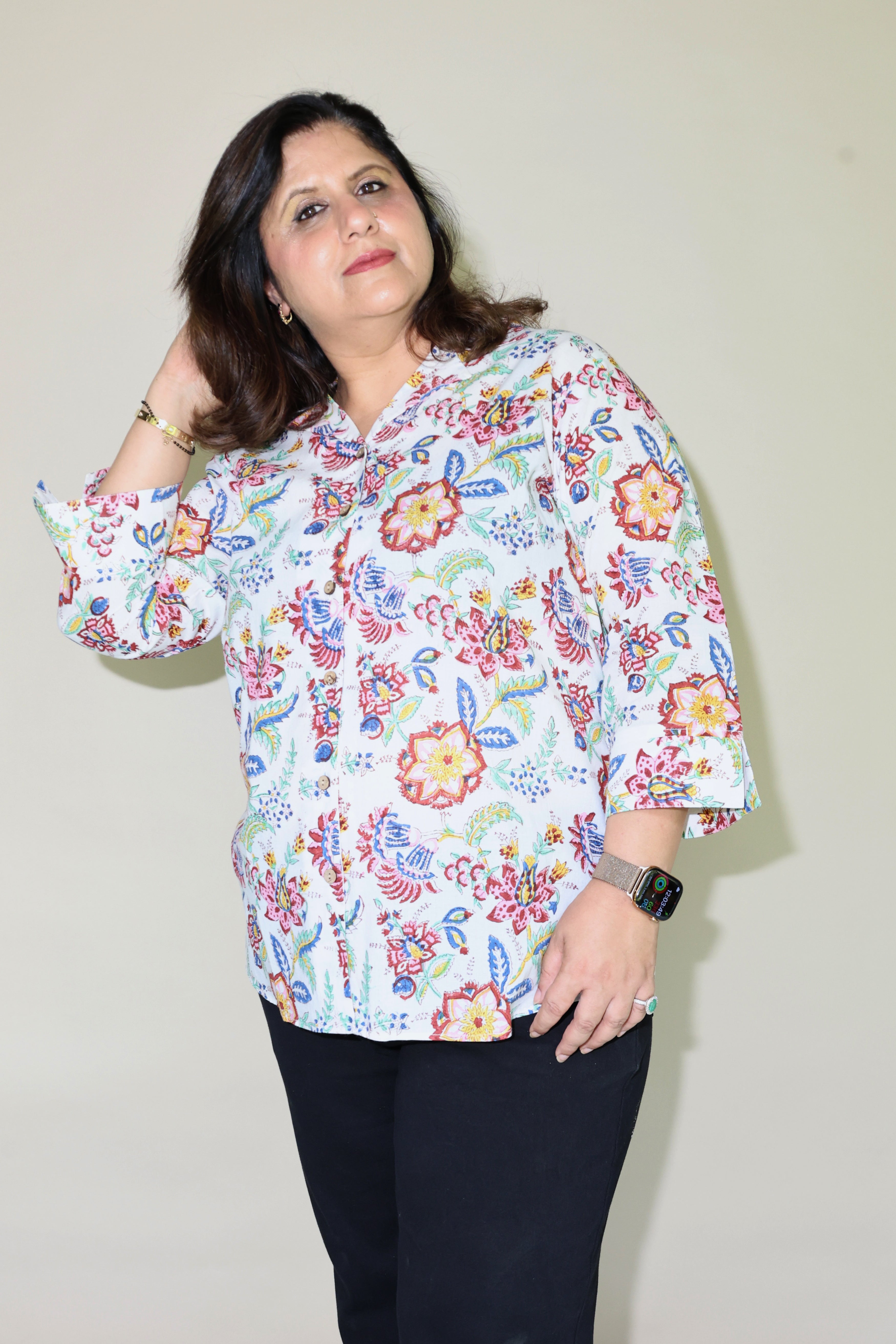 White Jaipuri Hand Block Printed Floral Cotton Shirt