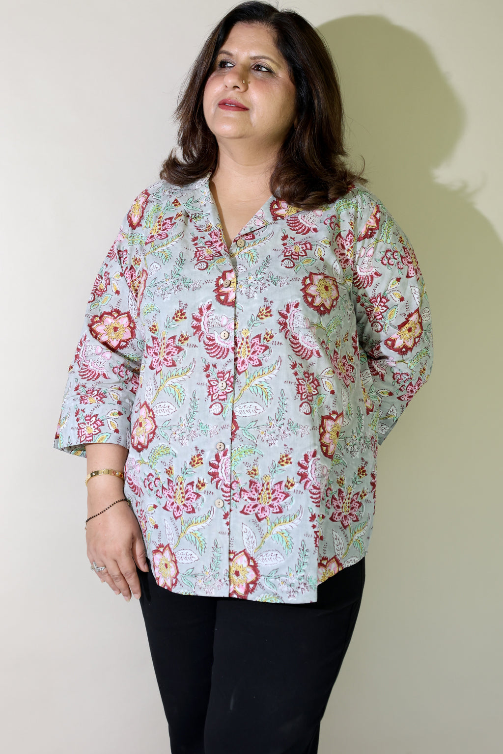 Grey-Blue Jaipuri Hand Block Printed Floral Cotton Shirt