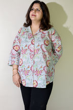 Grey-Blue Jaipuri Hand Block Printed Floral Cotton Shirt
