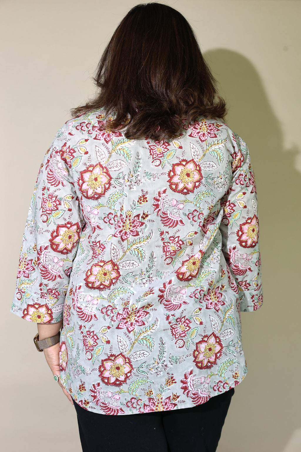 Grey-Blue Jaipuri Hand Block Printed Floral Cotton Shirt