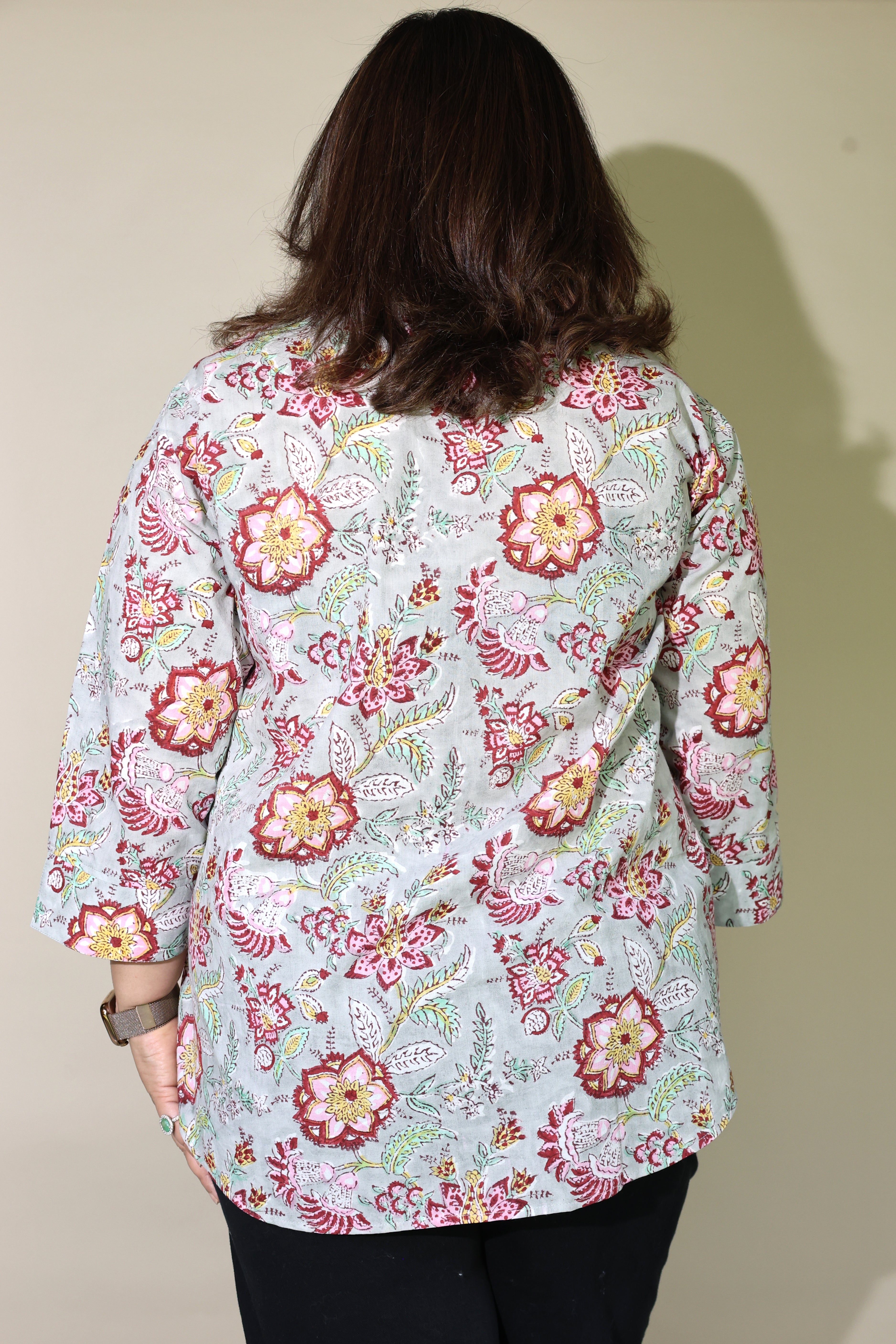 Grey-Blue Jaipuri Hand Block Printed Floral Cotton Shirt