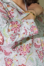 Grey-Blue Jaipuri Hand Block Printed Floral Cotton Shirt