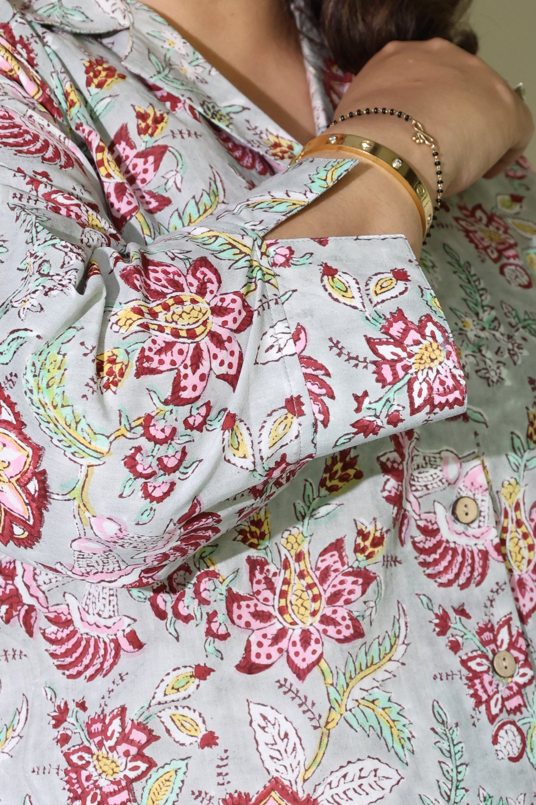 Grey-Blue Jaipuri Hand Block Printed Floral Cotton Shirt