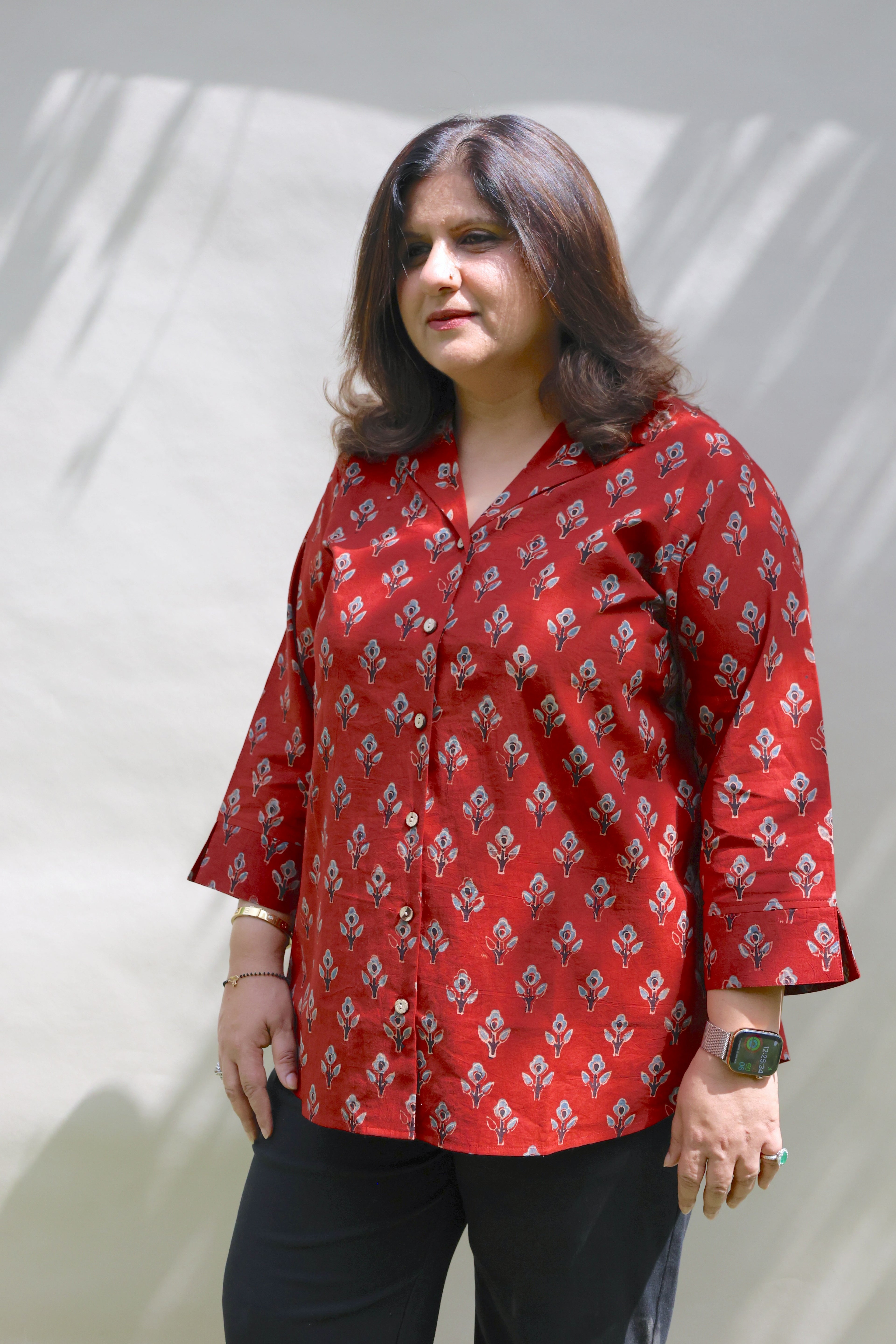 Red Ajrakh Hand Block Printed Floral Cotton Shirt