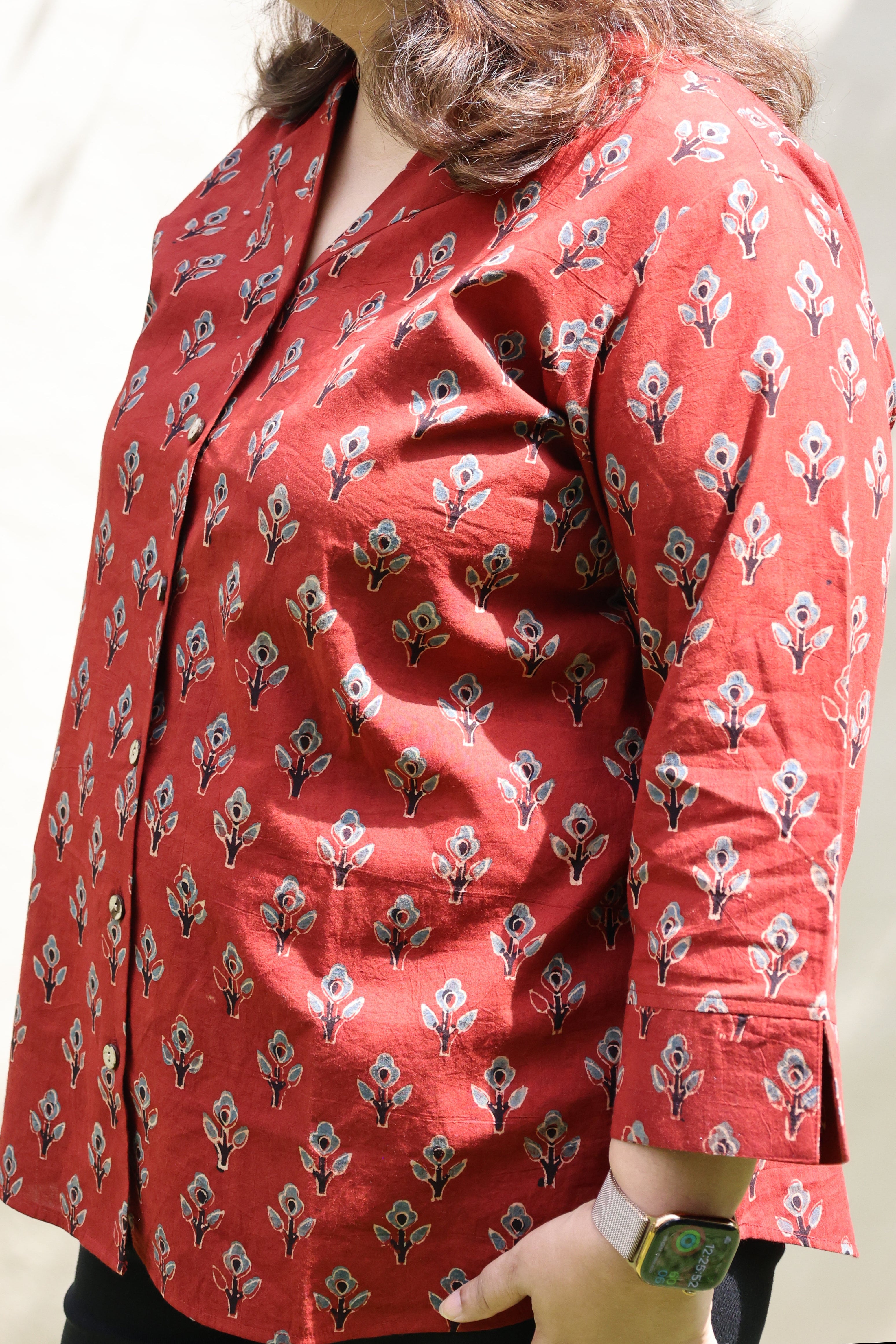 Red Ajrakh Hand Block Printed Floral Cotton Shirt