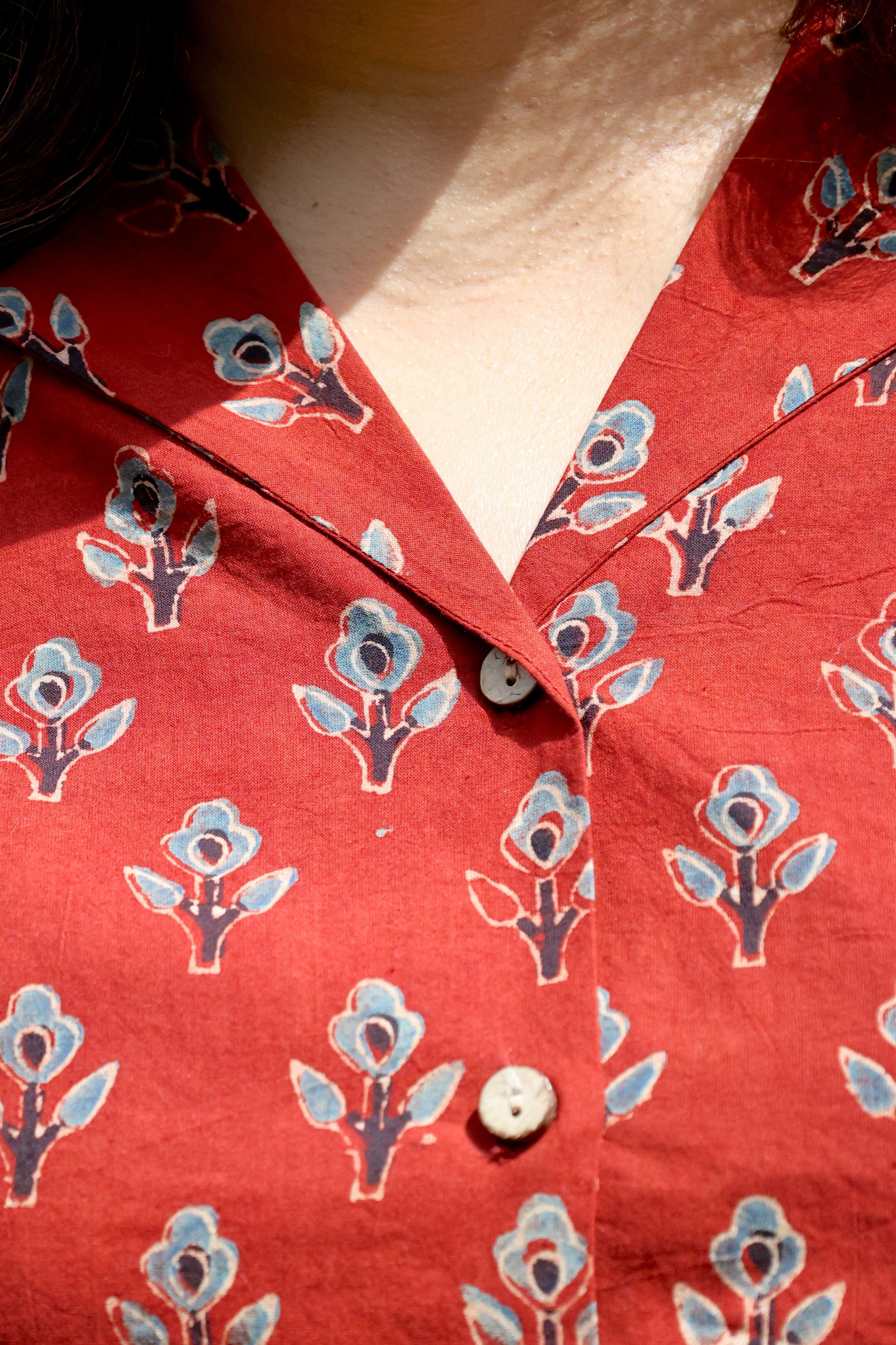 Red Ajrakh Hand Block Printed Floral Cotton Shirt