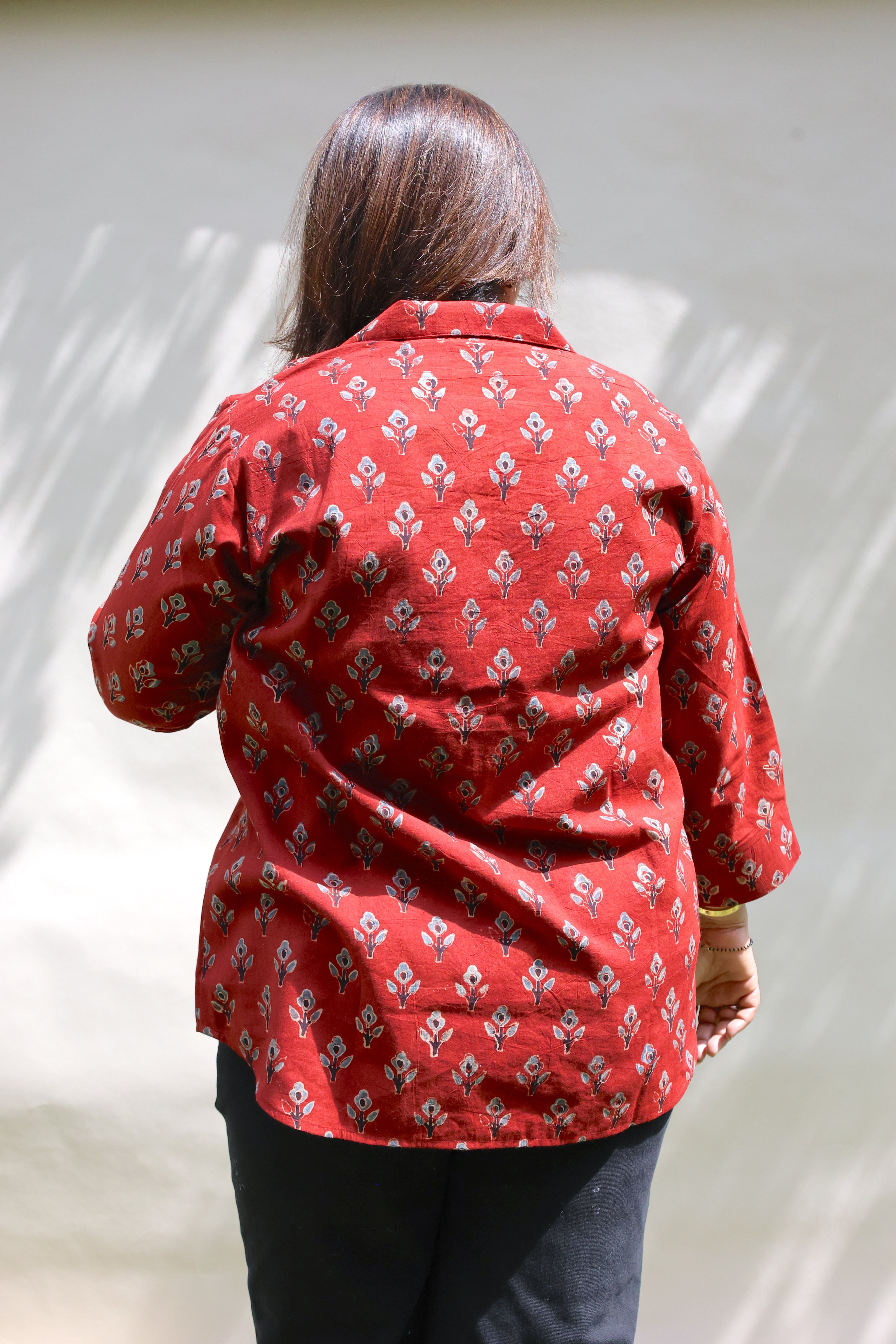 Red Ajrakh Hand Block Printed Floral Cotton Shirt