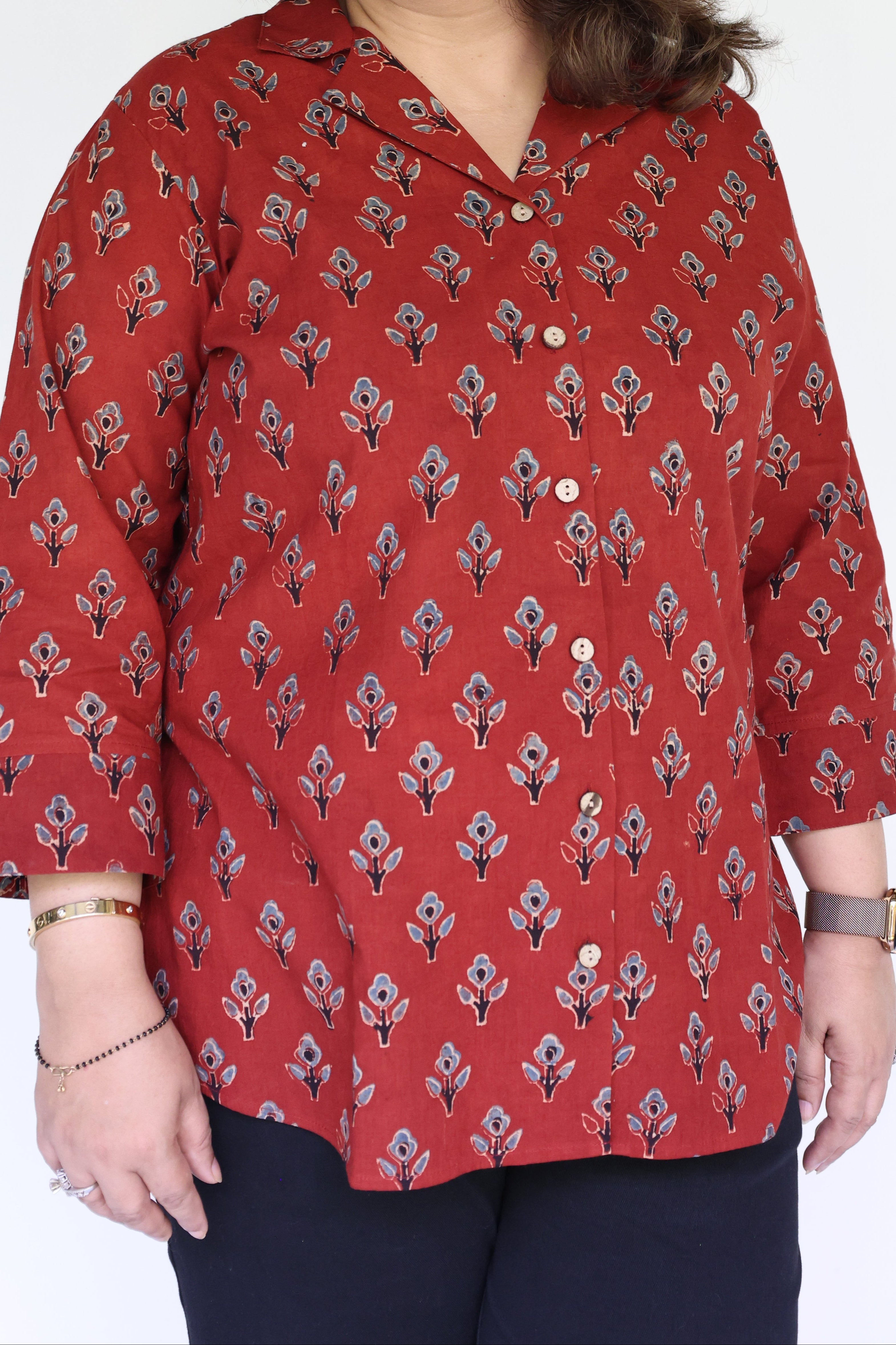 Red Ajrakh Hand Block Printed Floral Cotton Shirt