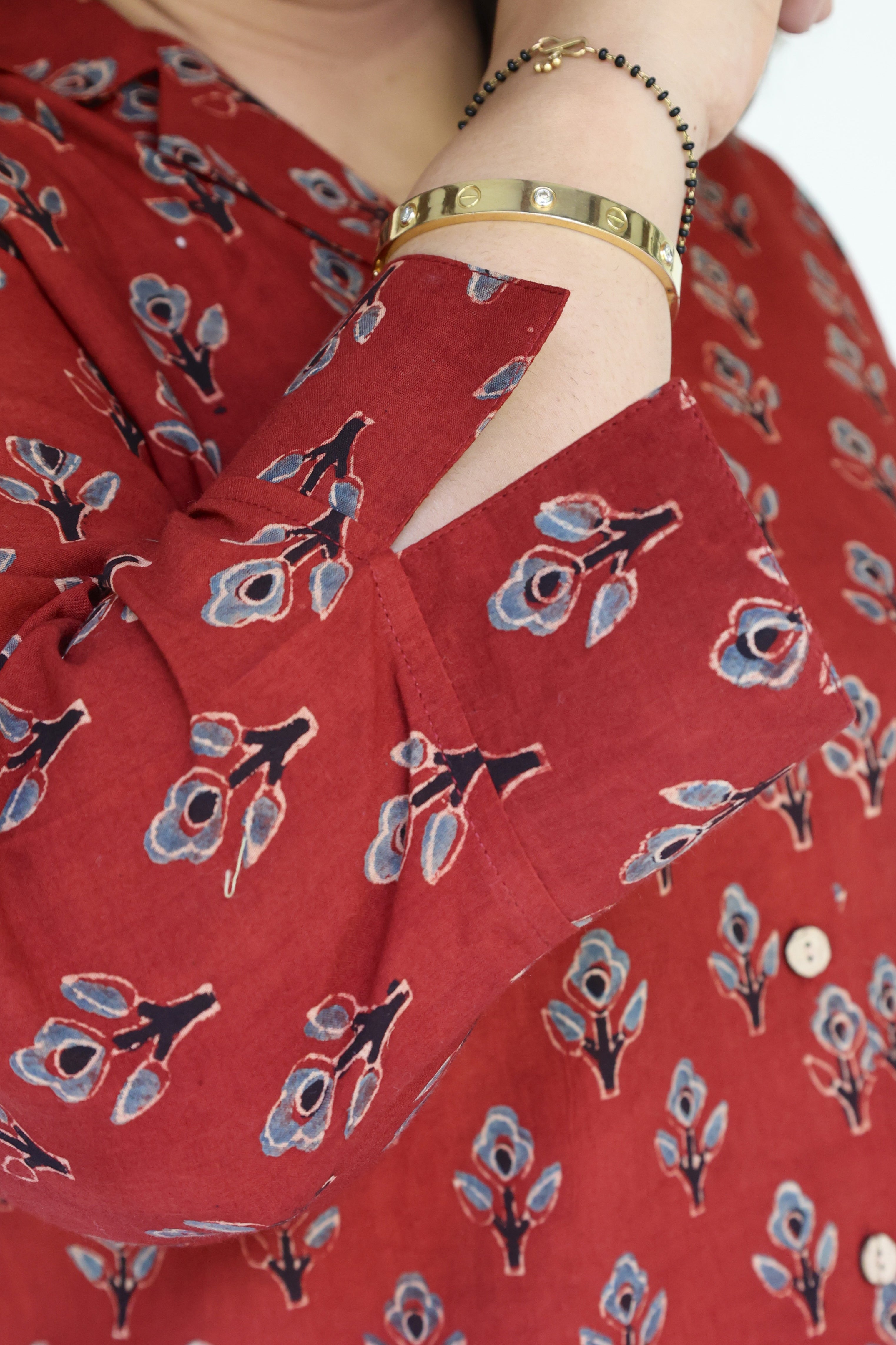 Red Ajrakh Hand Block Printed Floral Cotton Shirt