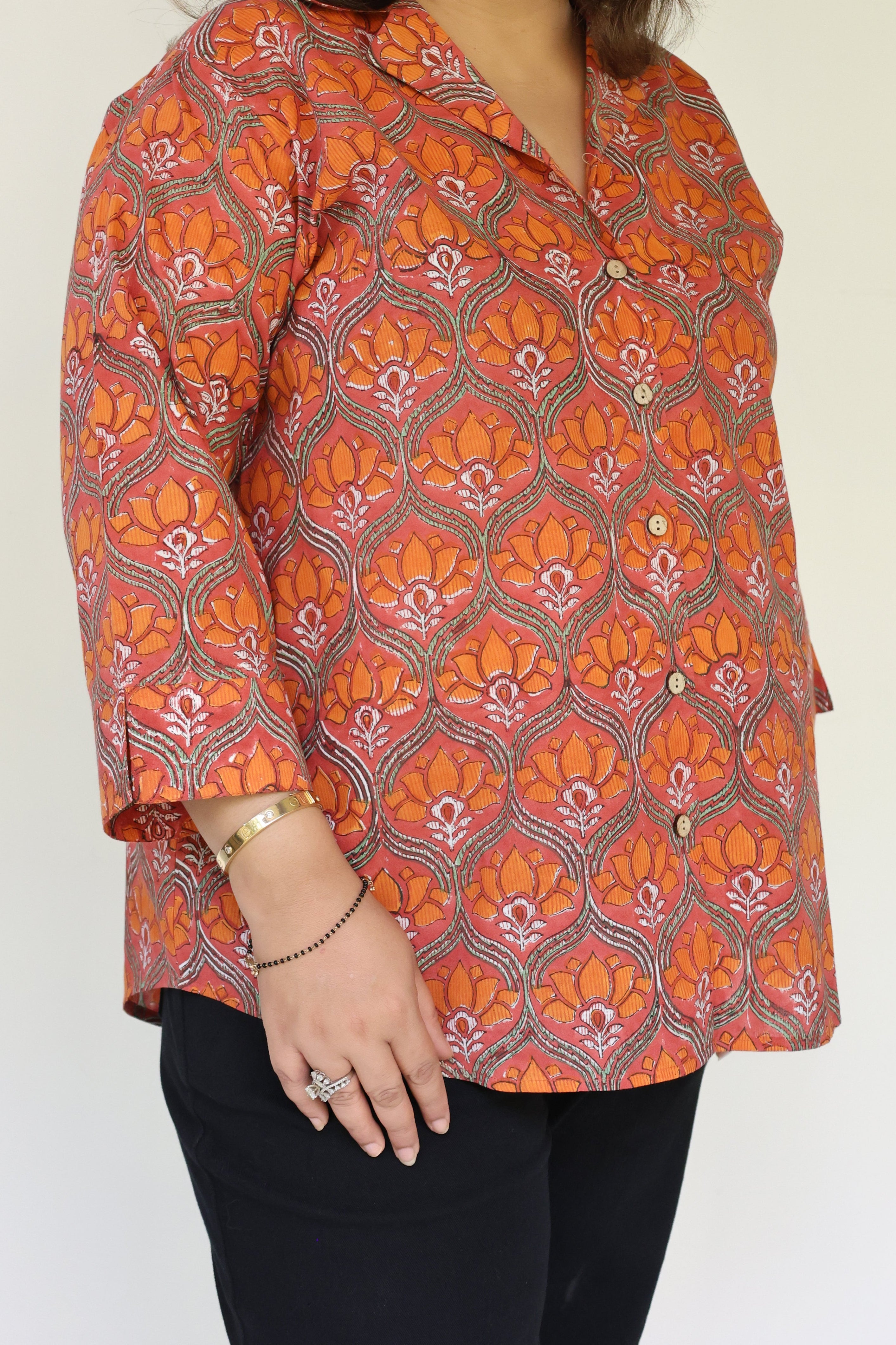 Orange Jaipuri Hand Block Printed Floral Cotton Shirt