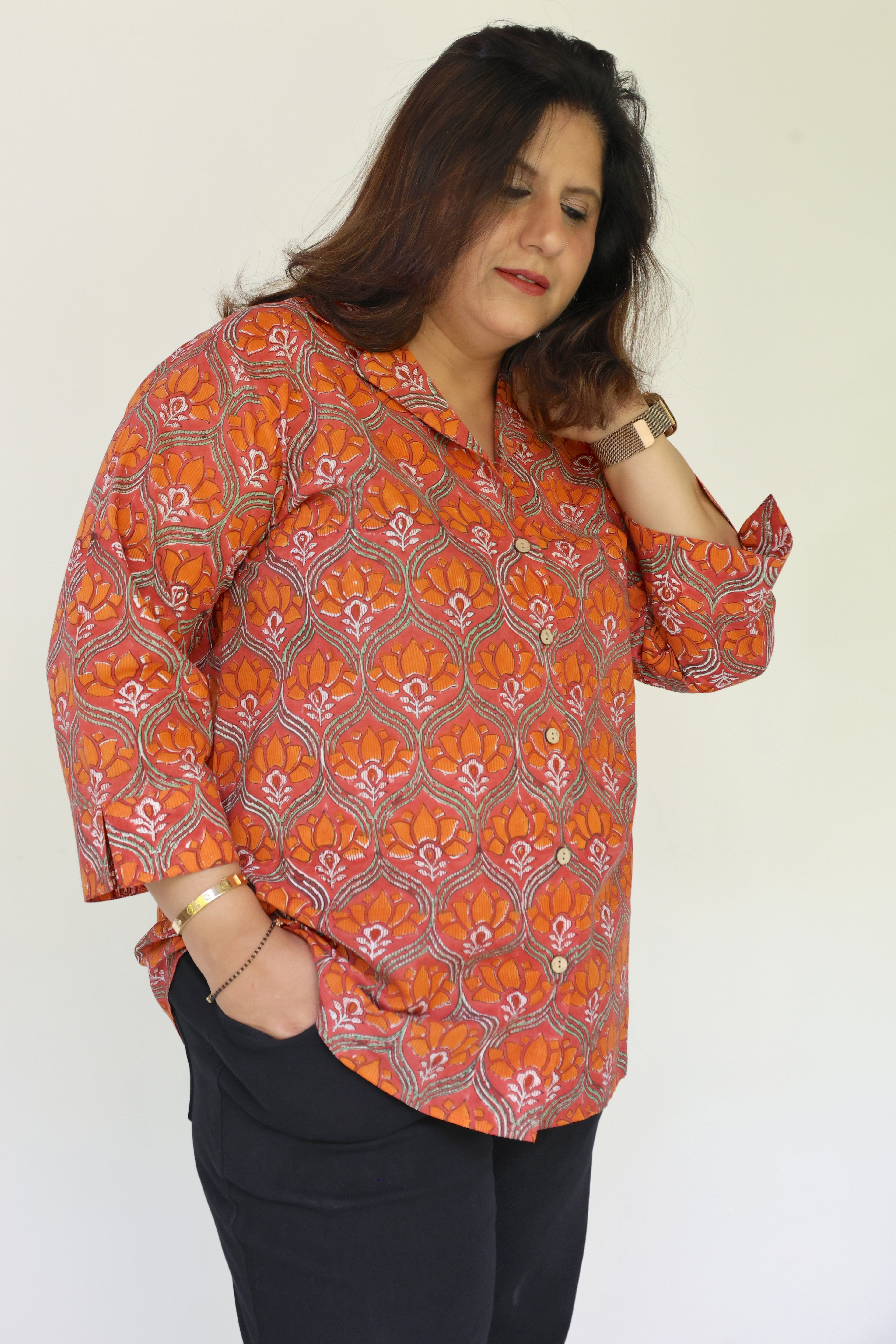 Orange Jaipuri Hand Block Printed Floral Cotton Shirt