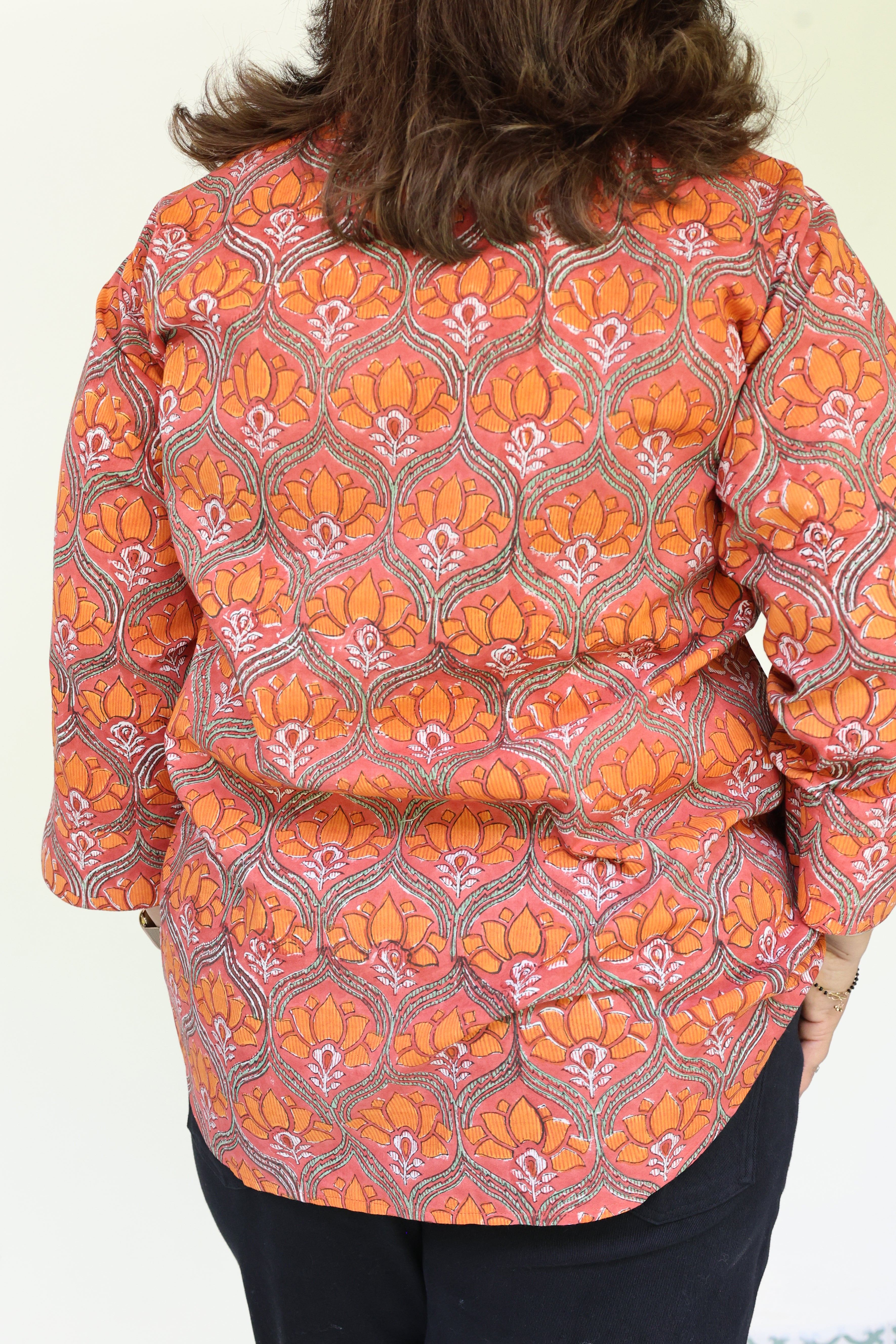 Orange Jaipuri Hand Block Printed Floral Cotton Shirt