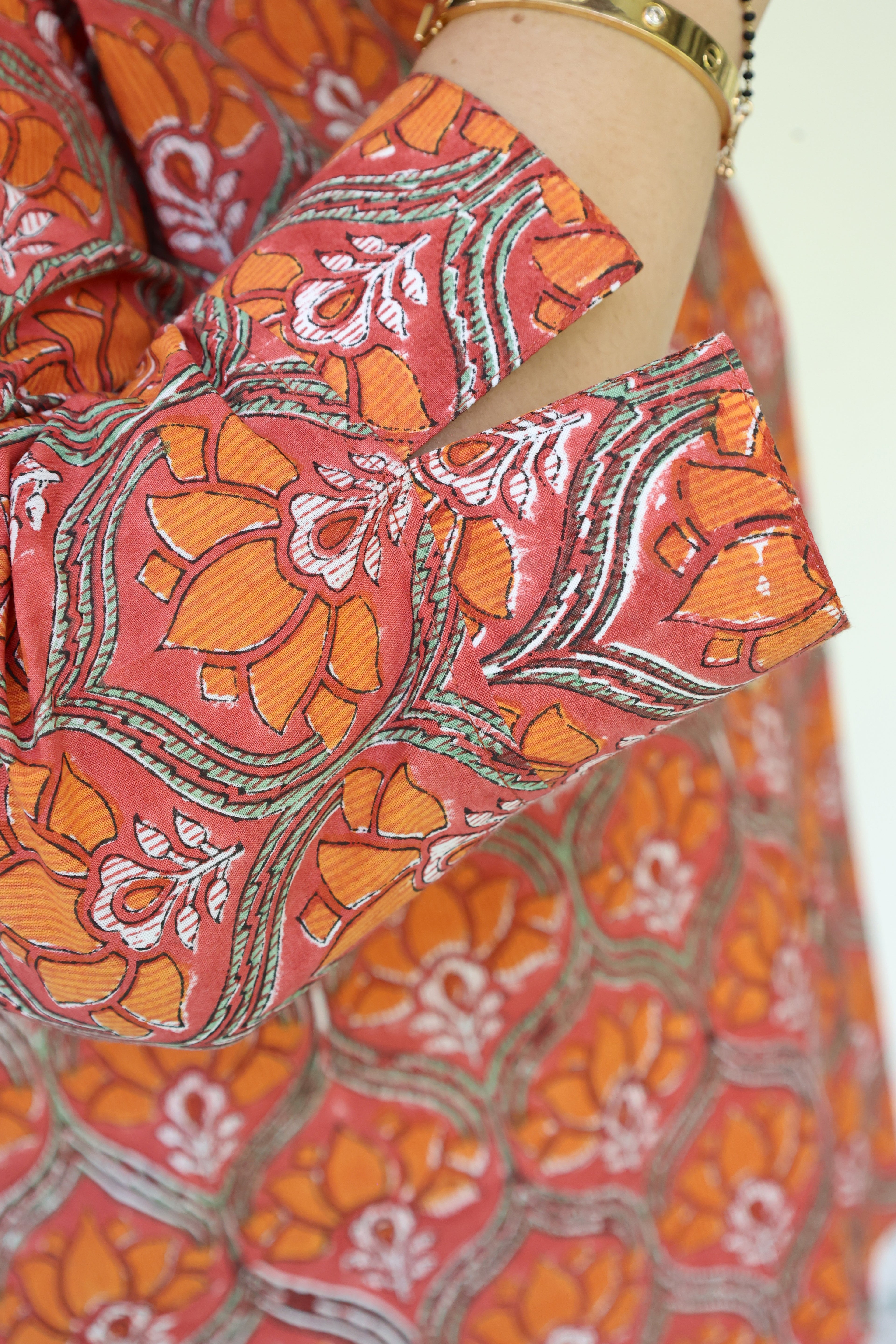 Orange Jaipuri Hand Block Printed Floral Cotton Shirt