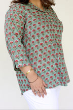 Green Jaipuri Hand Block Printed Floral Cotton Shirt