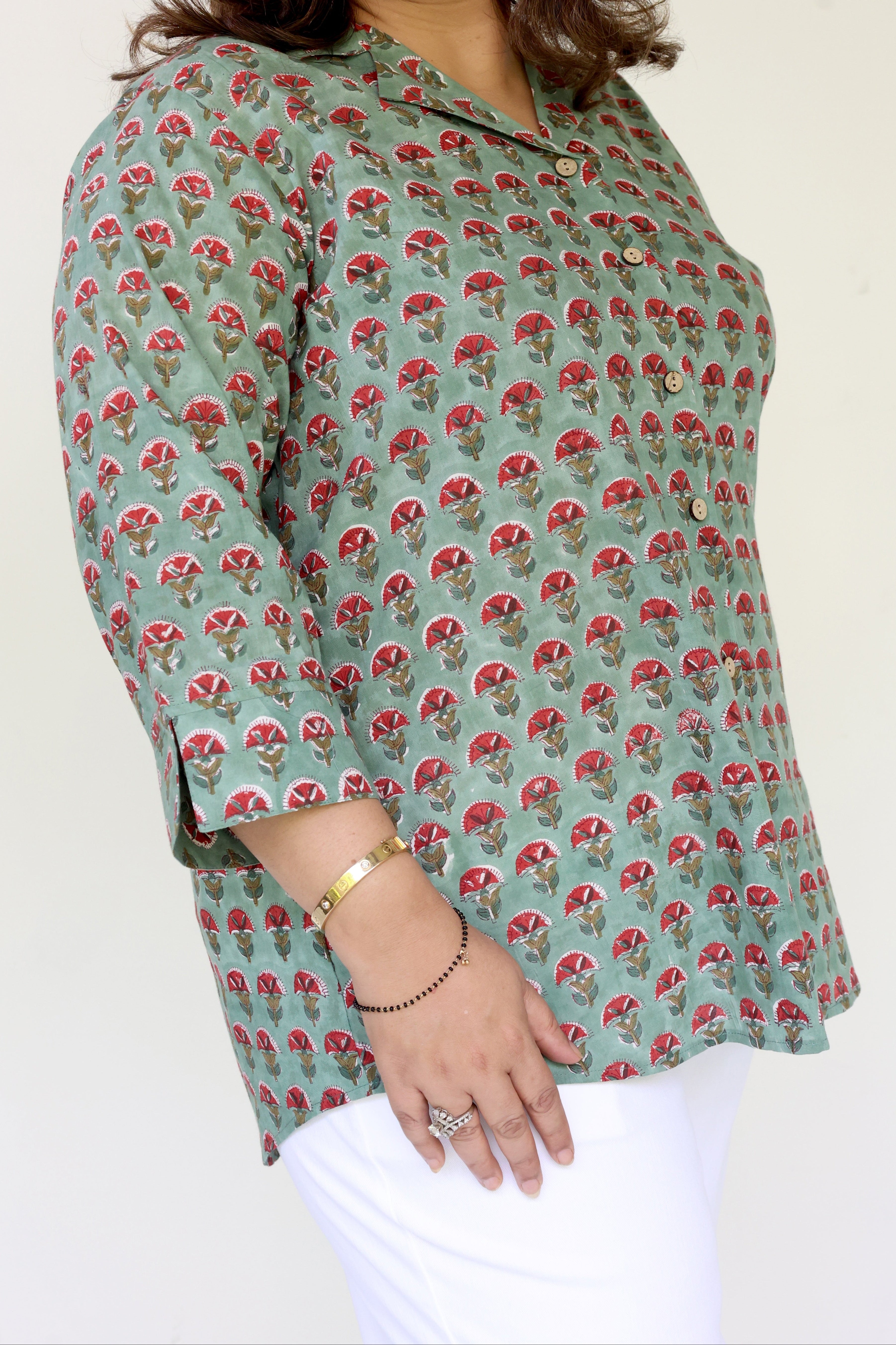 Green Jaipuri Hand Block Printed Floral Cotton Shirt