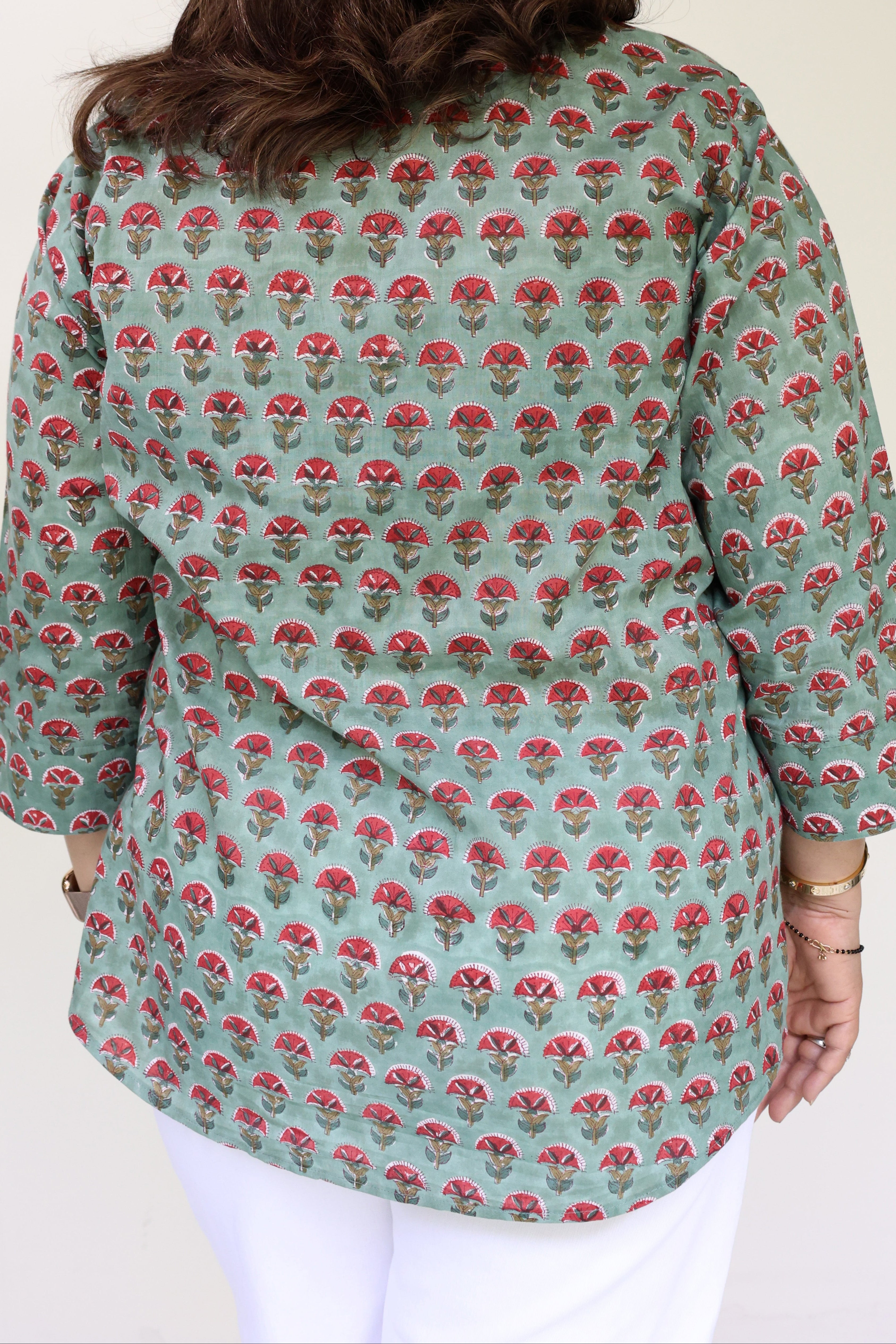 Green Jaipuri Hand Block Printed Floral Cotton Shirt