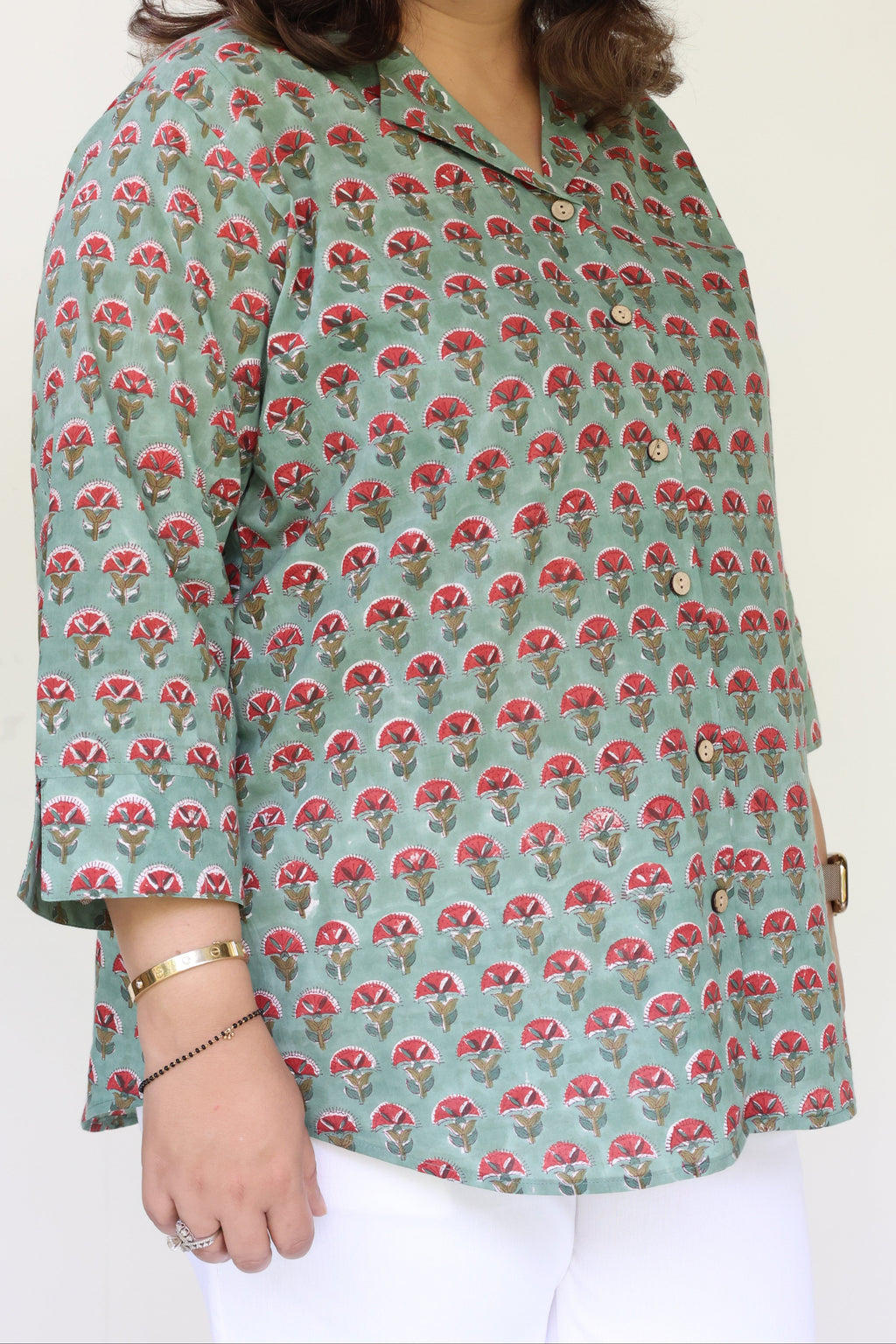 Green Jaipuri Hand Block Printed Floral Cotton Shirt