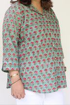 Green Jaipuri Hand Block Printed Floral Cotton Shirt