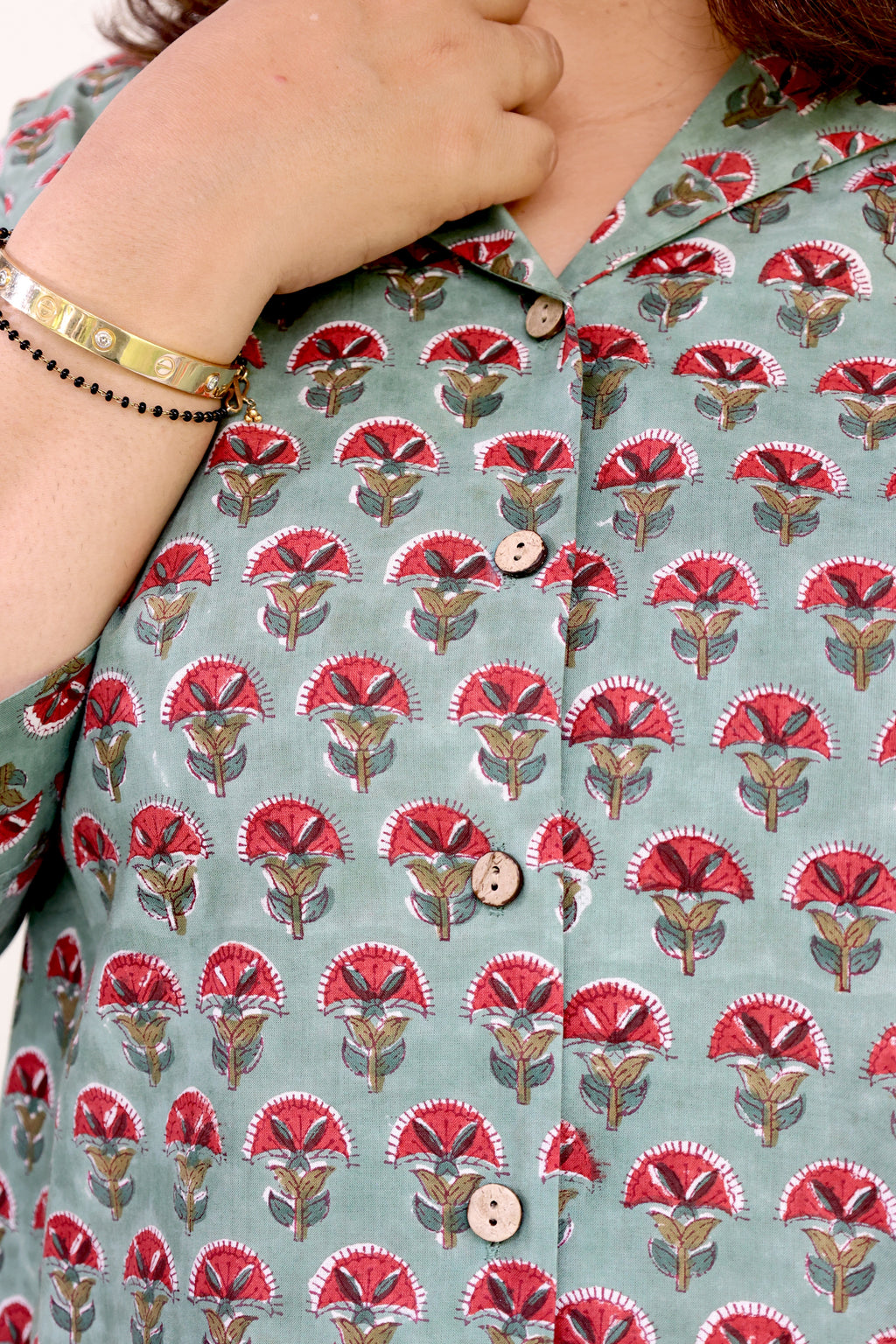 Green Jaipuri Hand Block Printed Floral Cotton Shirt