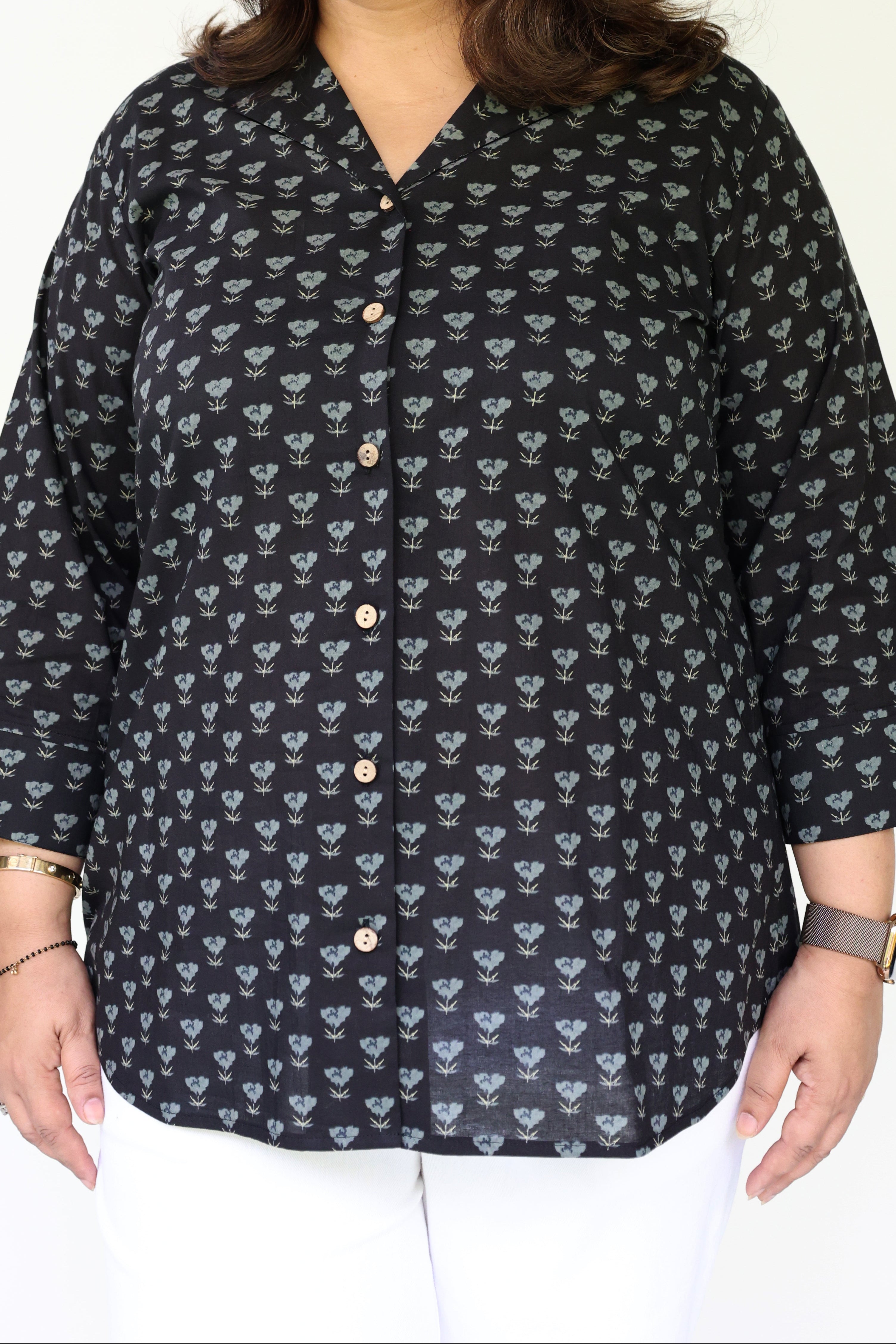 Black Jaipuri Hand Block Printed Cotton Shirt