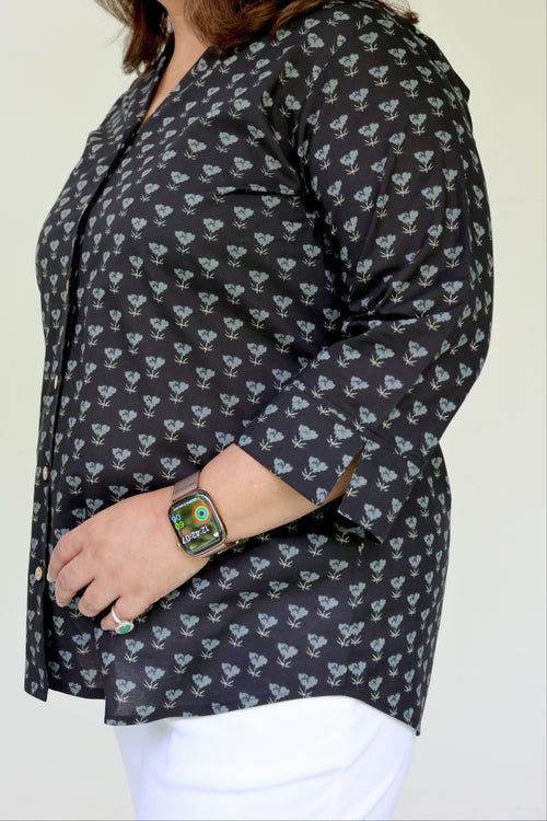 Black Jaipuri Hand Block Printed Cotton Shirt