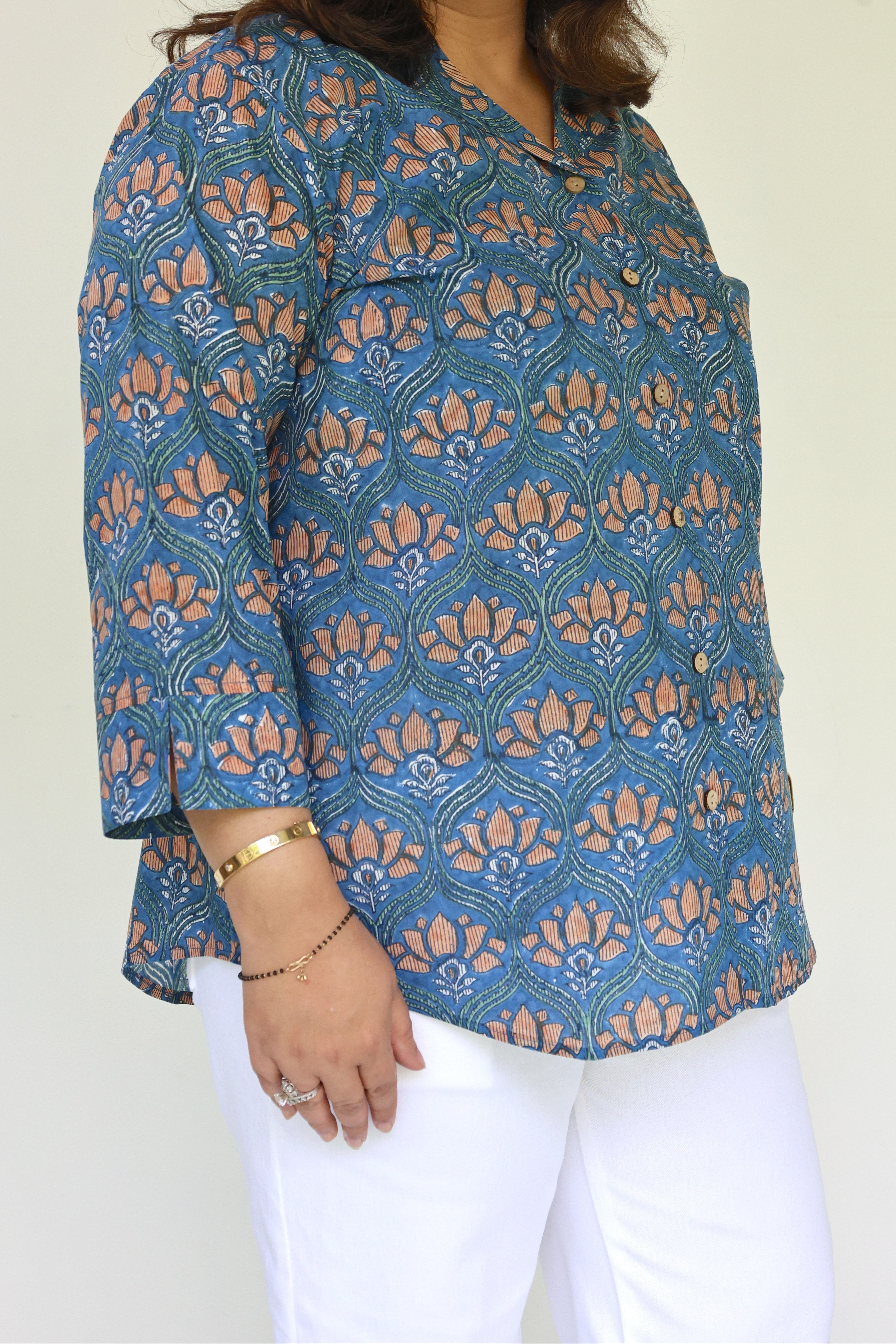 Blue Jaipuri Hand Block Printed Floral Cotton Shirt