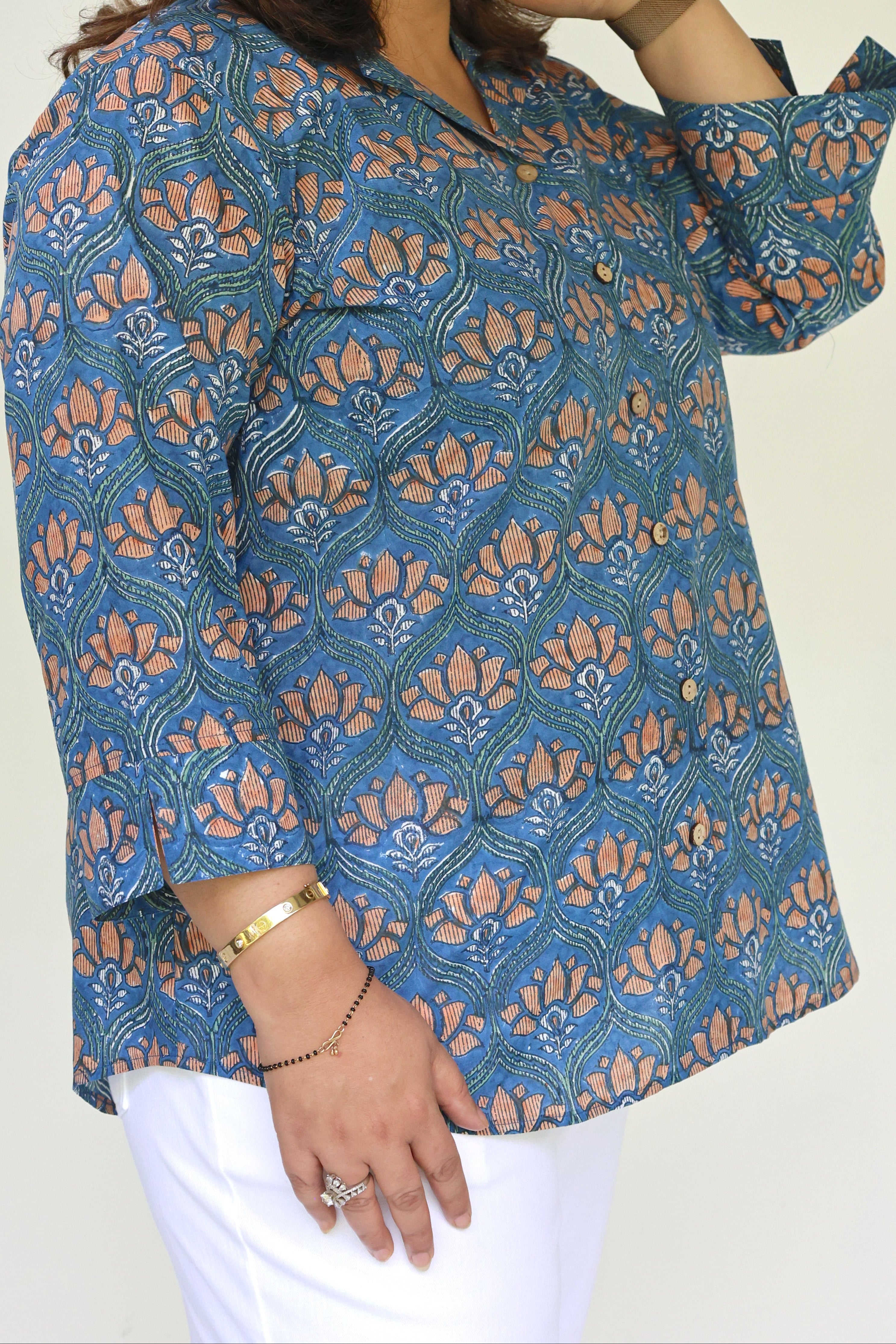 Blue Jaipuri Hand Block Printed Floral Cotton Shirt