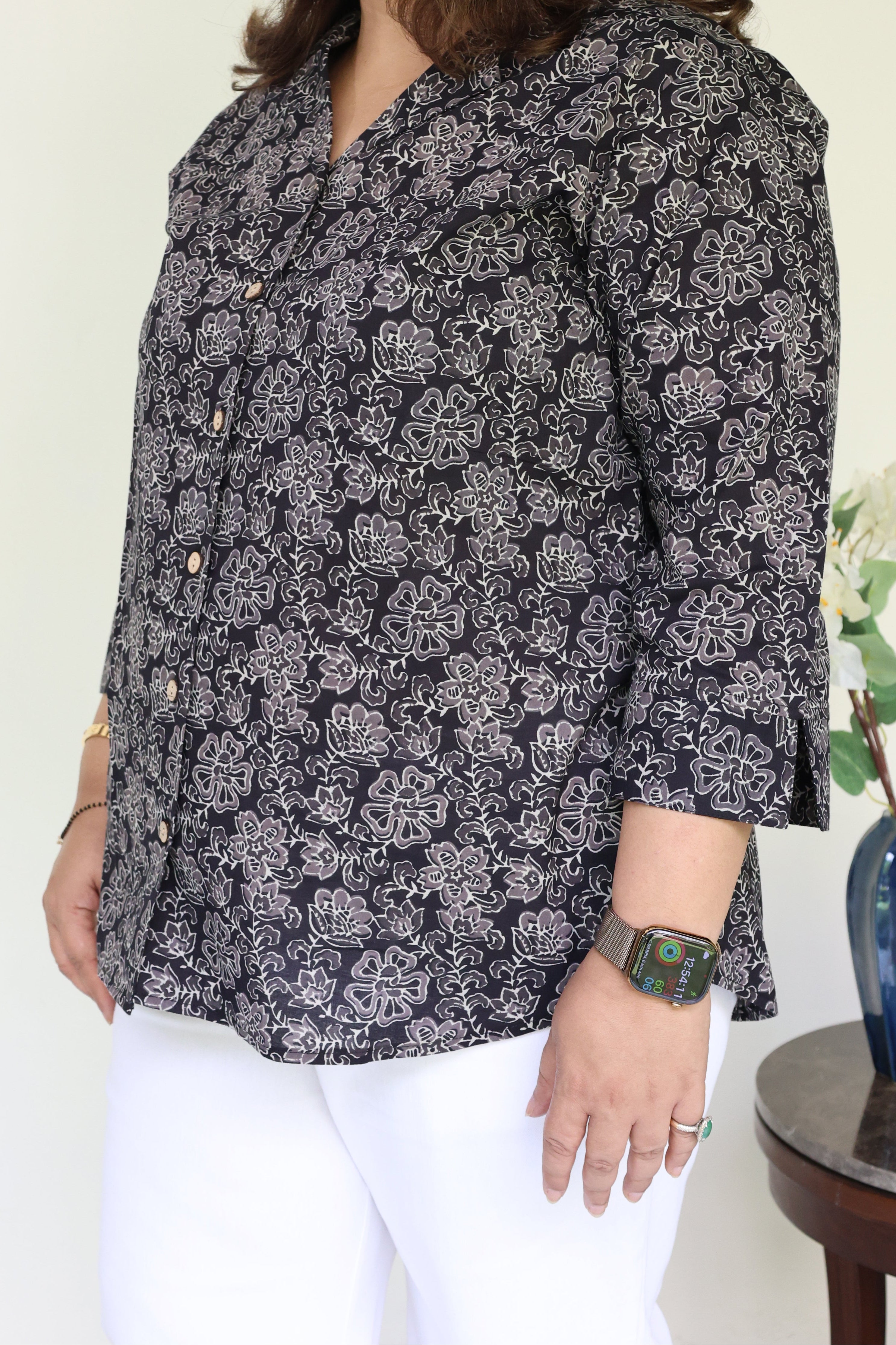 Black Jaipuri Hand Block Printed Floral Cotton Shirt