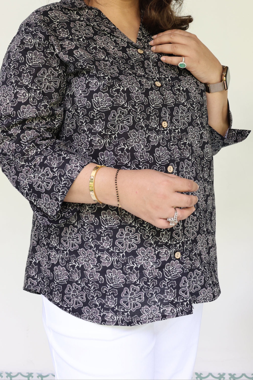Black Jaipuri Hand Block Printed Floral Cotton Shirt