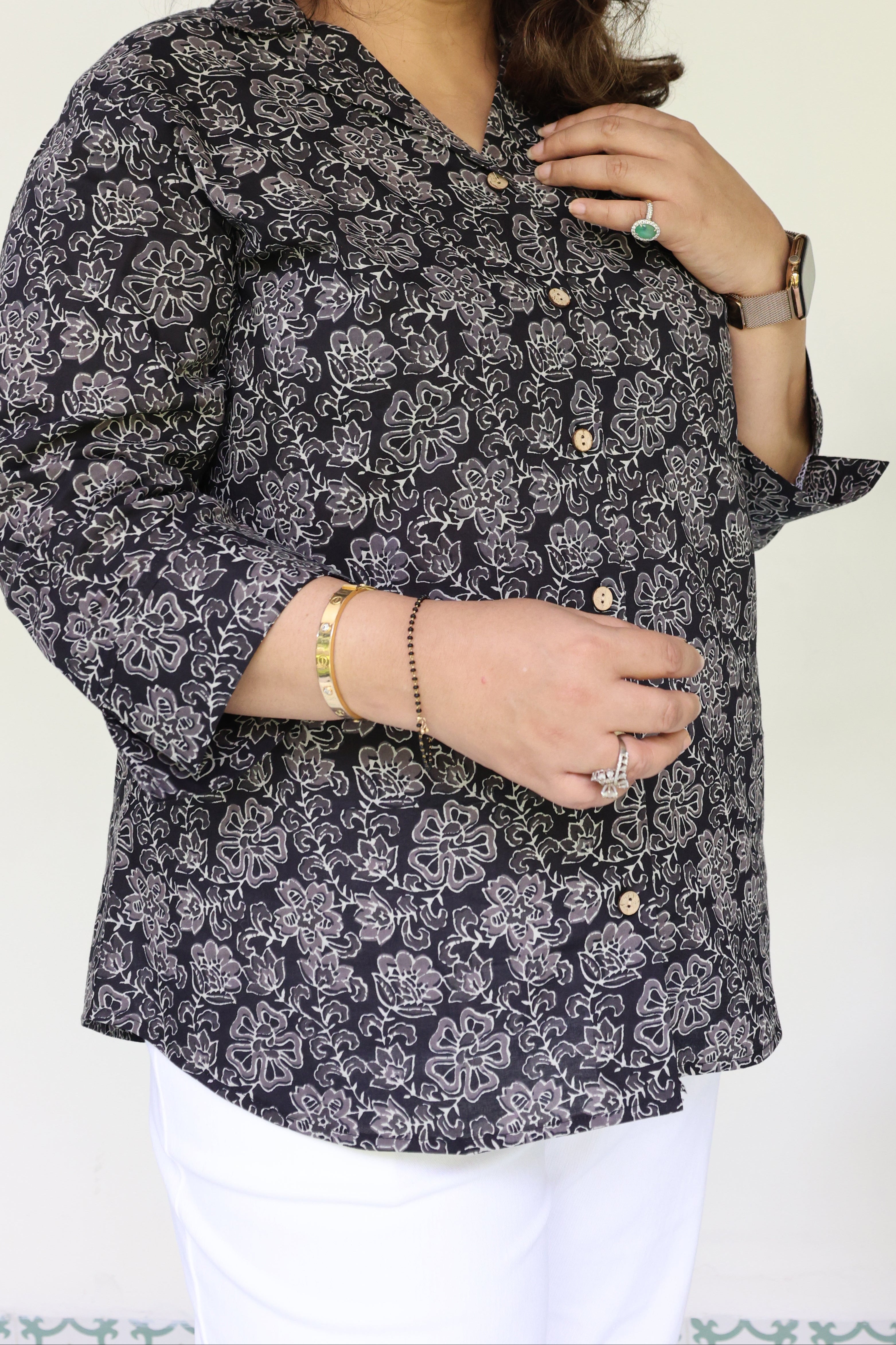 Black Jaipuri Hand Block Printed Floral Cotton Shirt