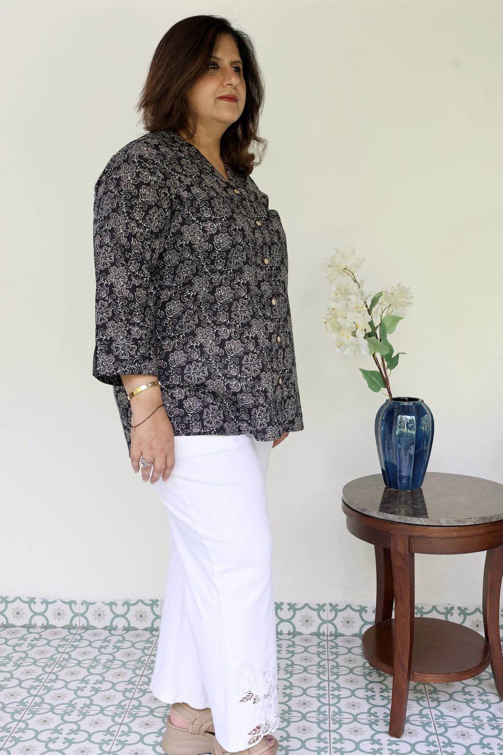 Black Jaipuri Hand Block Printed Floral Cotton Shirt