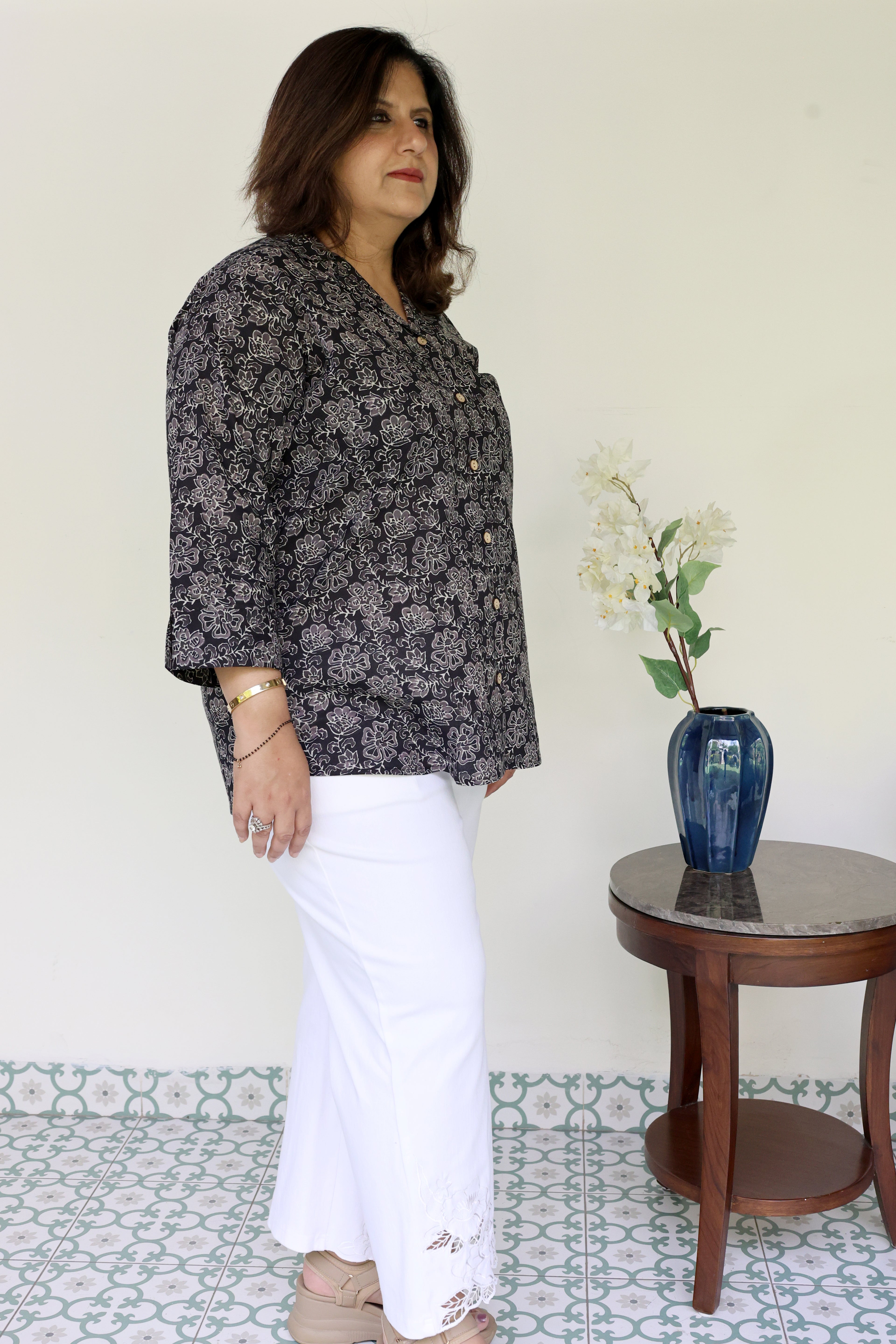 Black Jaipuri Hand Block Printed Floral Cotton Shirt